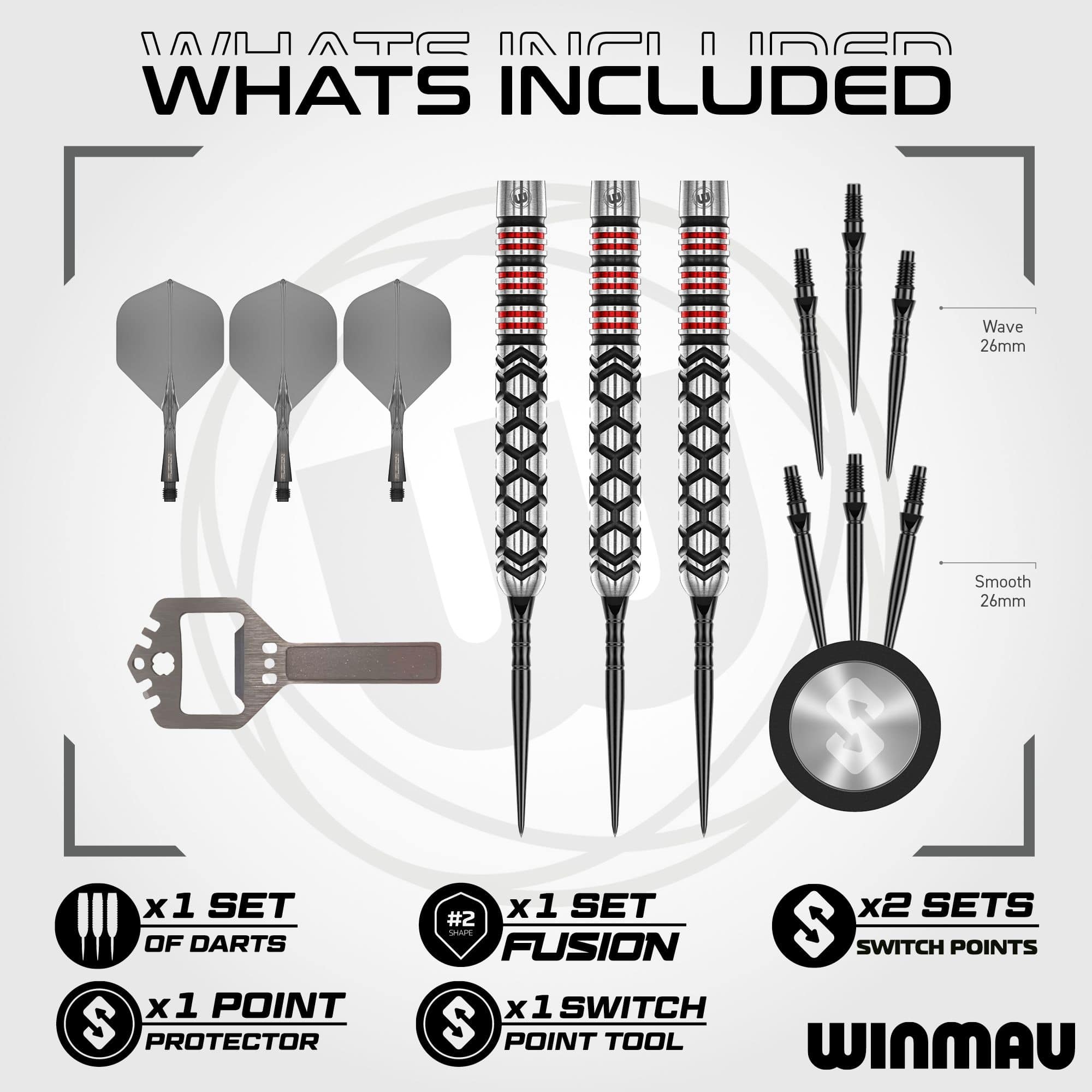 Winmau Fornax Parallel Switch Point Steeldarts Das Produkt ist die Winmau Fornax Parallel Switch Point Steeldarts. Es handelt sich um parallel geformte Steeldarts mit Wechselspitze.