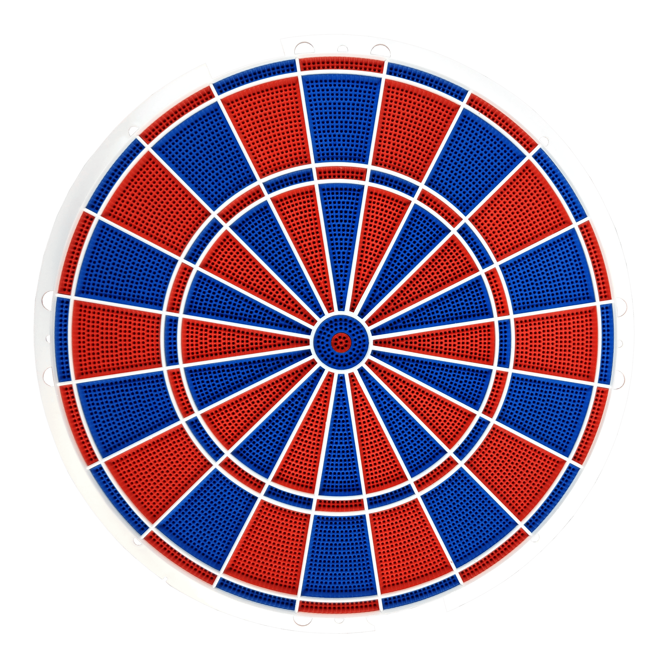 Karella E-Master Ersatzteil Das Bild zeigt eine runde Dartscheibe mit abwechselnd roten und blauen Segmenten. Die Segmente sind durch weiße Linien getrennt und die Scheibe hat einen weißen Rahmen.