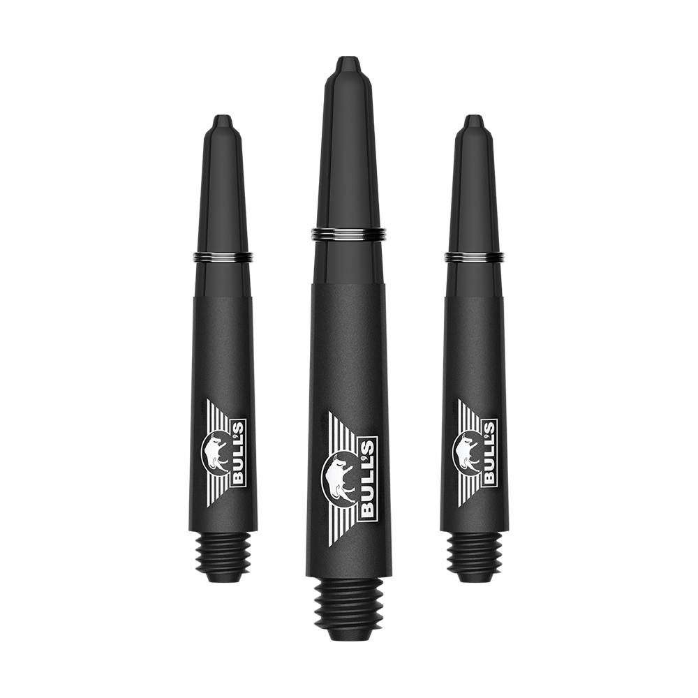 Bulls NL Capo Carbon Shafts - Schwarz Ein Bild mit dem Dateinamen BU55340_BullsNL_Capo_Carbon_Shafts_Schwarz_Short_34mm_1Set. Es handelt sich vermutlich um ein Set aus kurzen schwarzen Carbon-Shafts für Darts.