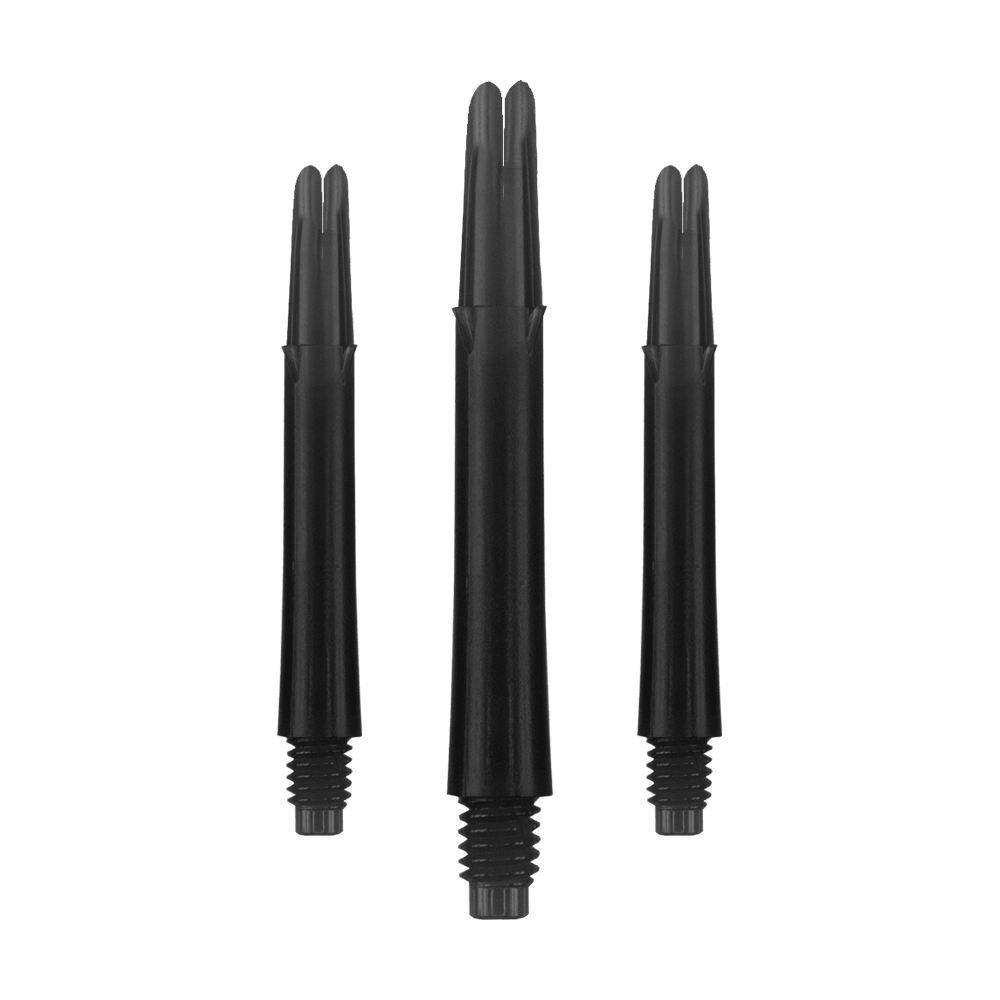 Auf dem Bild sind drei schwarze, gerade Dartshafts ohne Kappen zu sehen. Sie haben ein Gewinde am unteren Ende und sind jeweils 39 mm lang.