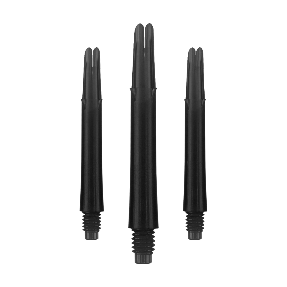 L-Style L-Shafts Locked Straight - Black 260 Auf dem Bild sind drei schwarze, gerade Dartshafts ohne Kappen zu sehen. Sie haben ein Gewinde am unteren Ende und sind jeweils 39 mm lang.