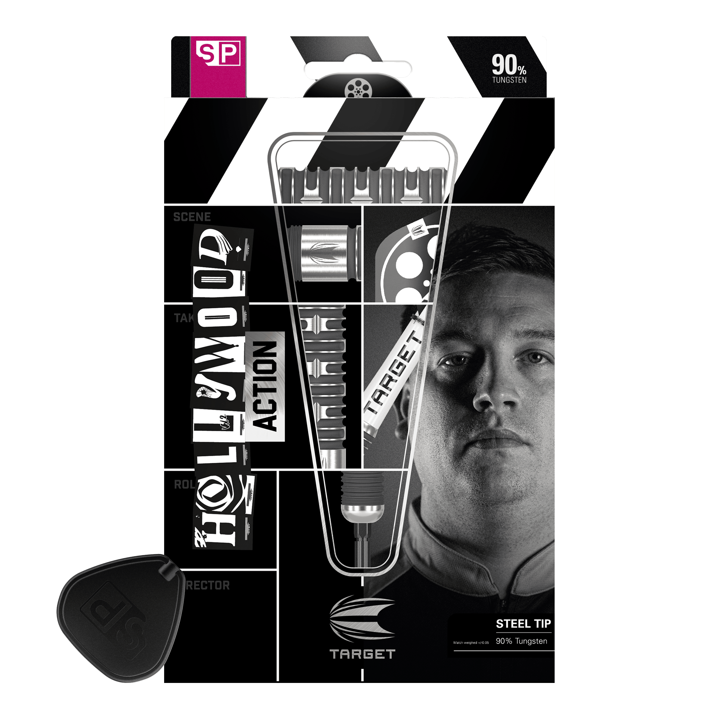 Die Abbildung zeigt die Verpackung der "Target Chris Dobey Hollywood Action Swiss Point Steeldarts". Auf der Verpackung sind die Darts, der Produktname und ein Porträt einer Person zu sehen.
