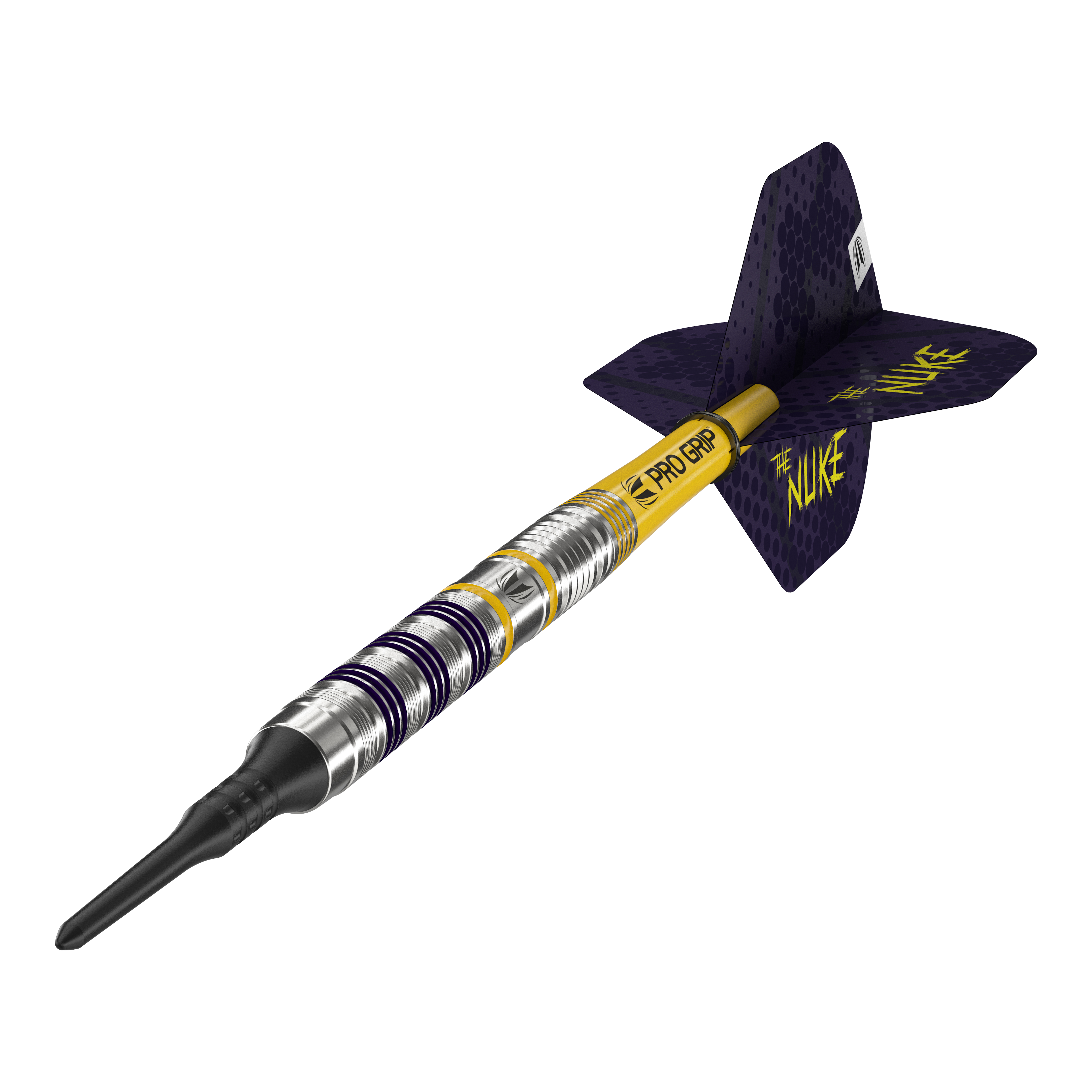 Target Luke Littler Loadout Softdarts - 19g Das Bild zeigt einen Softdart aus der Produktreihe „Target Luke Littler Loadout“ mit 19 Gramm Gewicht. Der Dartpfeil hat einen silbernen Schaft mit schwarzen und gelben Akzenten sowie einen schwarz-gelben Flight mit der Aufschrift „THE NUKE“.