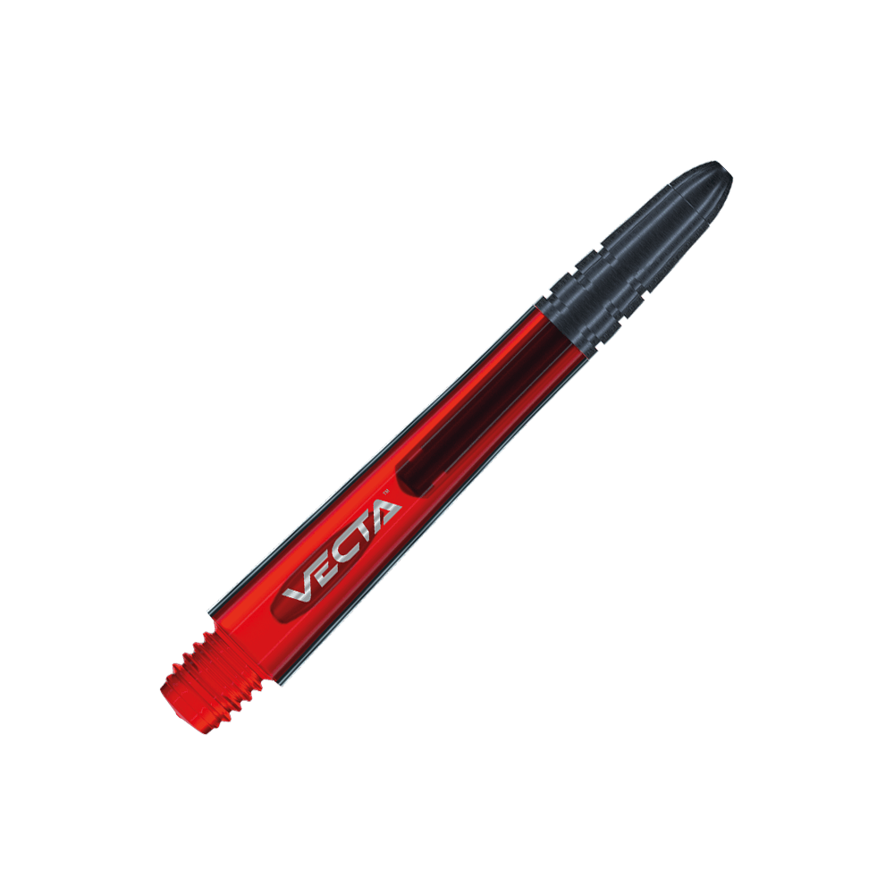 7025-203_Winmau_Vecta_Shafts_Rot_40mm_2 Das Bild zeigt einen Winmau Vecta Shaft in der Farbe Rot. Der Schaft ist elegant gestaltet und trägt die Aufschrift "VECTA".