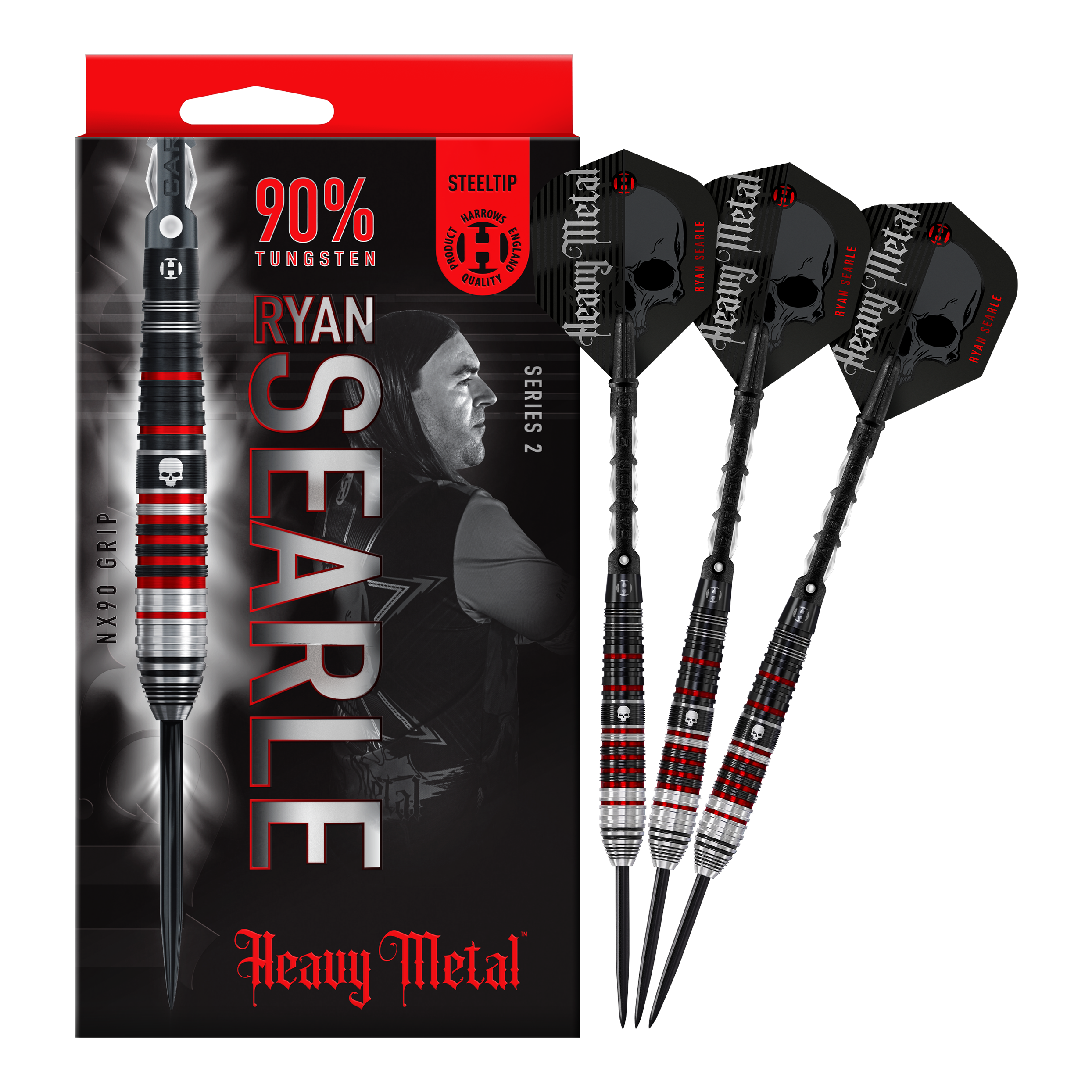 Das Bild zeigt die "Harrows Ryan Searle Heavy Metal Series 2 Steeldarts" mit 90% Tungsten-Gehalt. Neben der Verpackung sind drei schwarze und rot-silberne Steeldarts abgebildet.