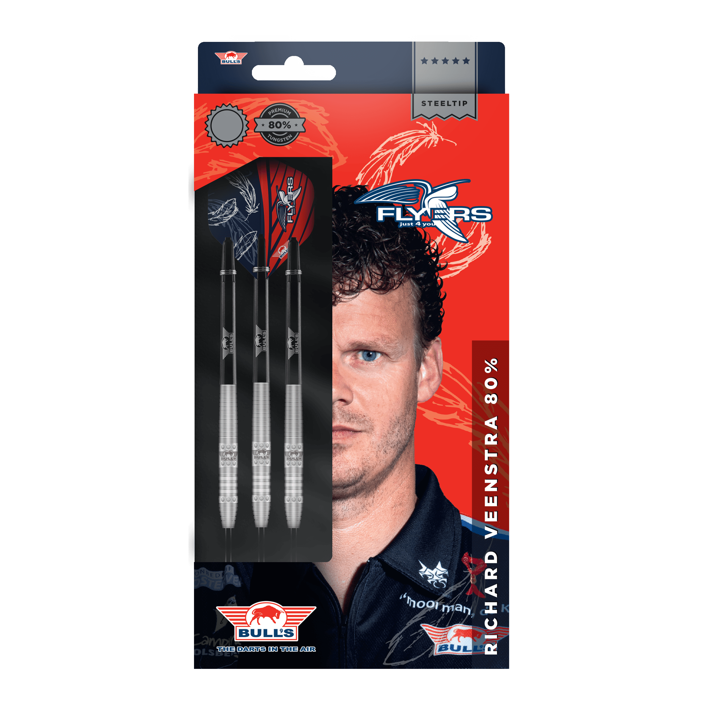 Die Verpackung zeigt die "Bulls NL Richard Veenstra 80 Steeldarts - 23g". Auf der Vorderseite sind drei Darts und das Porträt eines Mannes abgebildet.