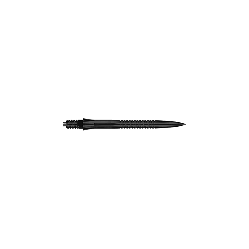 Zu sehen ist eine EVO201 Caliburn EZ-EVO Dartspitze mit Rillen in Schwarz und einer Länge von 28 mm. Die Dartspitze eignet sich besonders für den Einsatz im Dartsport.