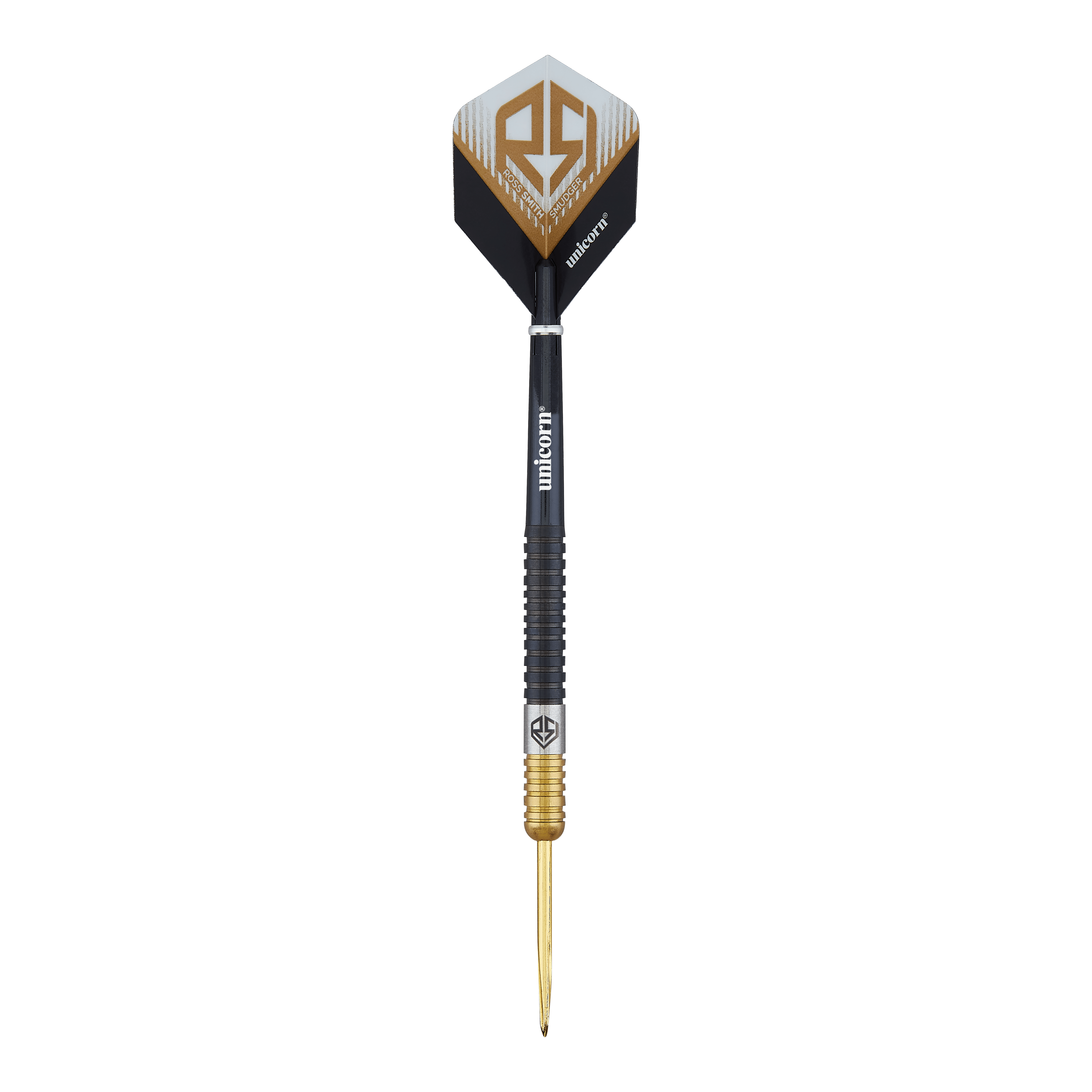 Das Bild zeigt einen Steeldart namens "Unicorn Ross Smith Two-Tone". Der Dartpfeil hat ein schwarz-goldenes Design und das Unicorn-Logo auf den Flights.