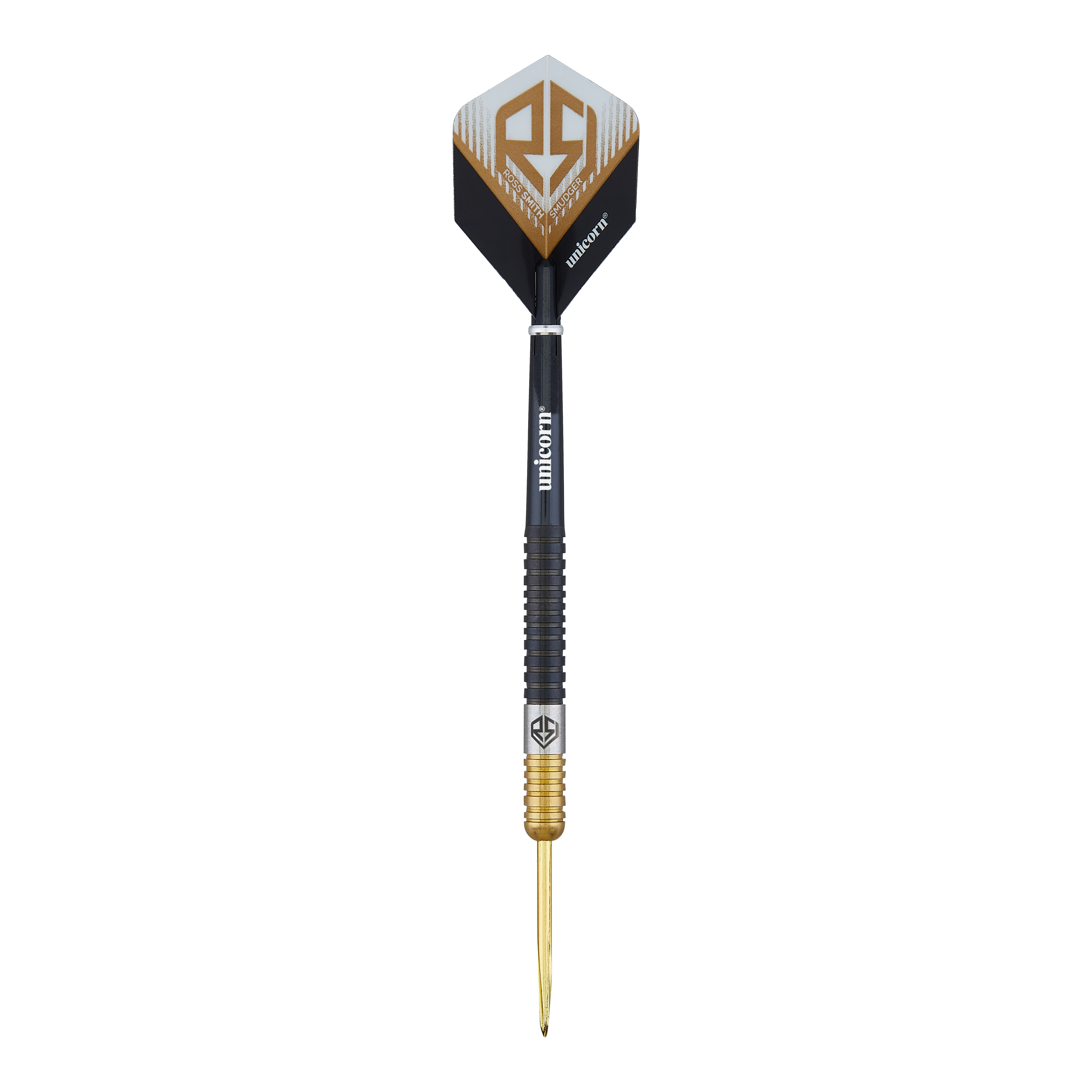 Unicorn Ross Smith Two-Tone Steeldarts Das Bild zeigt einen Steeldart namens "Unicorn Ross Smith Two-Tone". Der Dartpfeil hat ein schwarz-goldenes Design und das Unicorn-Logo auf den Flights.