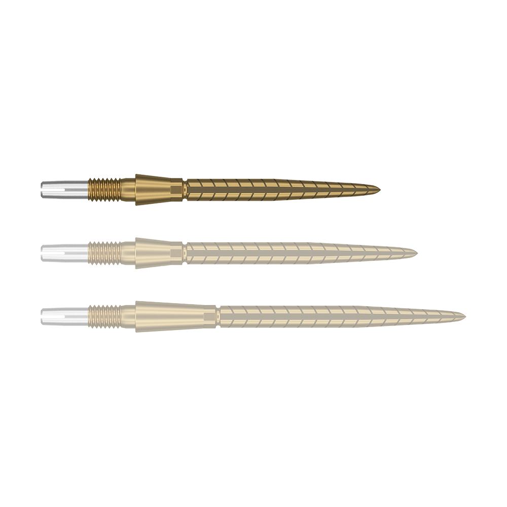 Target Swiss Storm Quartz Dartspitzen - Gold Auf dem Bild sind drei goldene Dartspitzen in einer Reihe zu sehen. Sie haben ein spiralförmiges Muster und am hinteren Ende einen silbernen Abschnitt.