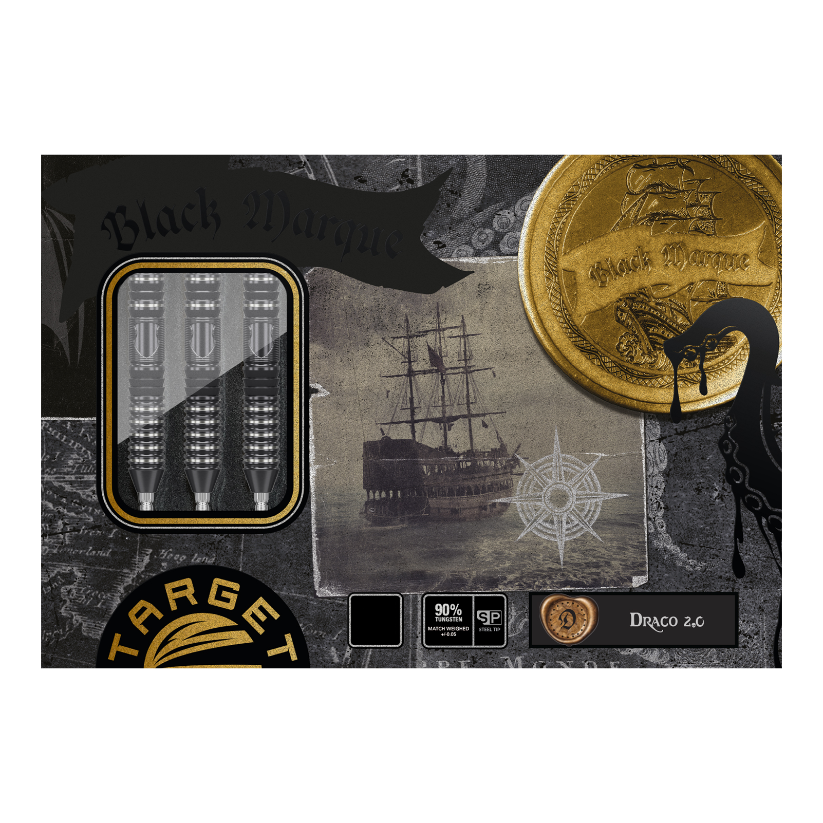 Target Japan Black Marque Draco GEN2 Steeldarts Das Bild zeigt die Verpackung der "Target Japan Black Marque Draco GEN2 Steeldarts". Auf der Verpackung sind die Darts, ein altes Segelschiff und ein goldener Münzmotiv zu sehen.