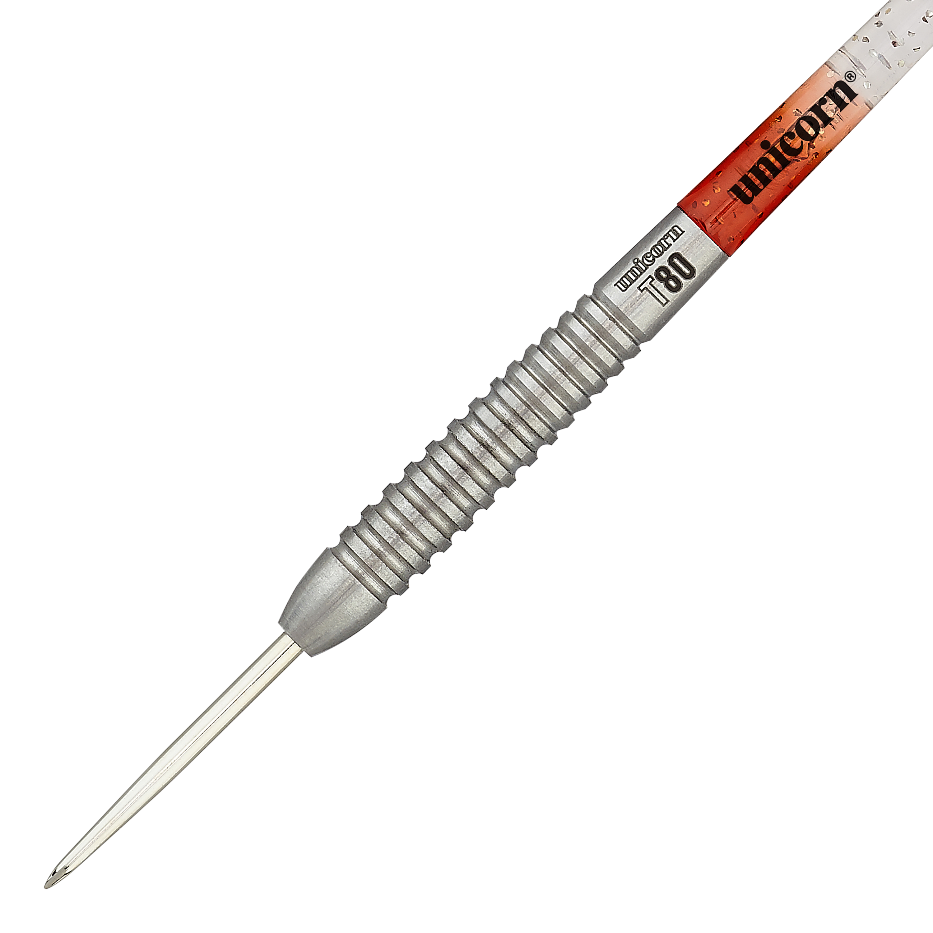 Das Bild zeigt einen Unicorn Core XL Striker Style 5 Steeldart. Der Dartpfeil hat einen silbernen, geriffelten Griff und eine spitze Metallspitze.