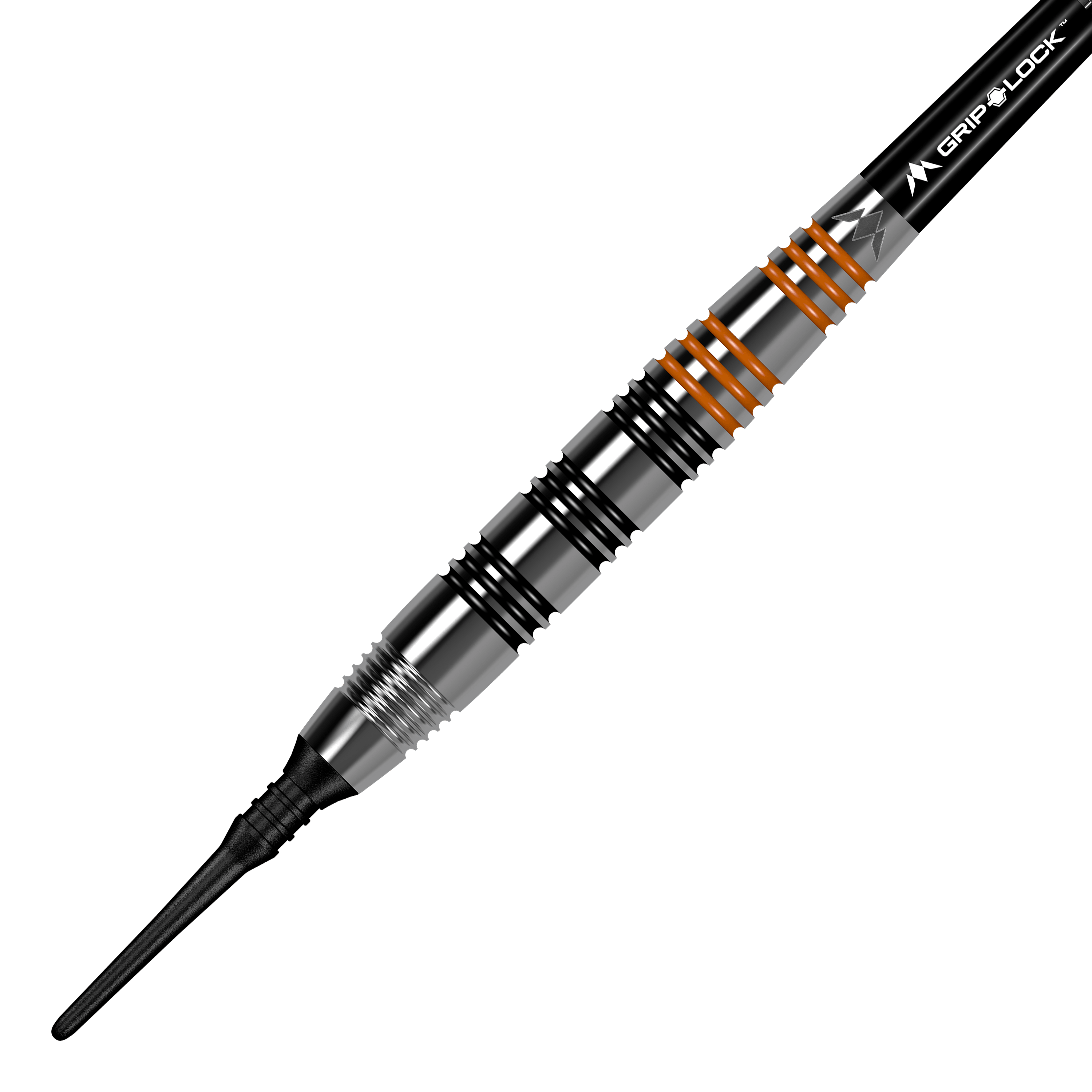 Mission Javan Brass Softdarts - 18g Das Bild zeigt den "Mission Javan Brass Softdart" mit einem Gewicht von 18g. Der Dartpfeil ist silbern mit schwarzen und orangefarbenen Ringen am Griff.