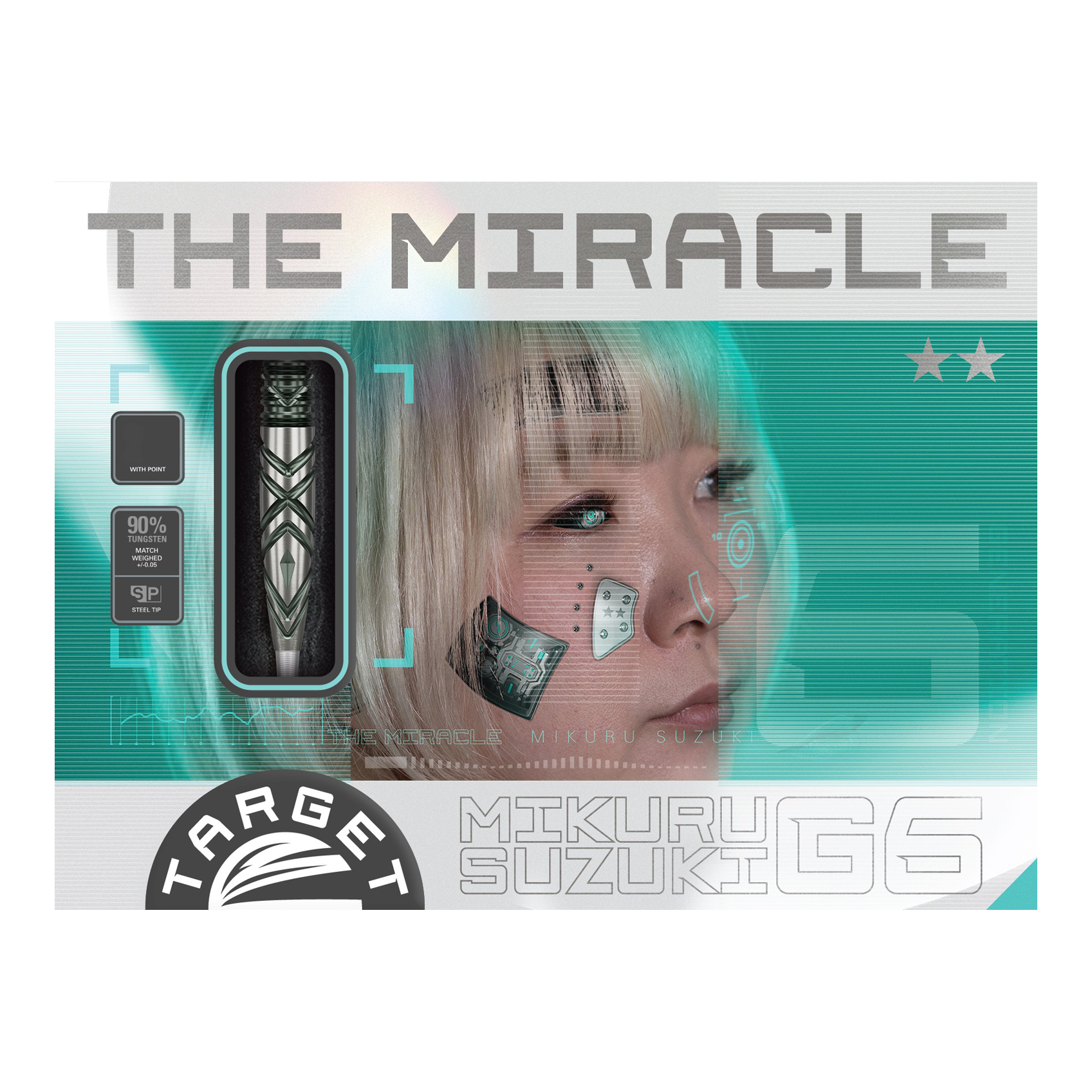 Auf der Verpackung ist ein Steeldart der Marke "Target Japan Mikuru Suzuki The Miracle GEN6 Swiss Point - 23g" zu sehen. Daneben ist ein Porträt einer Frau mit grafischen Elementen im futuristischen Stil abgebildet.