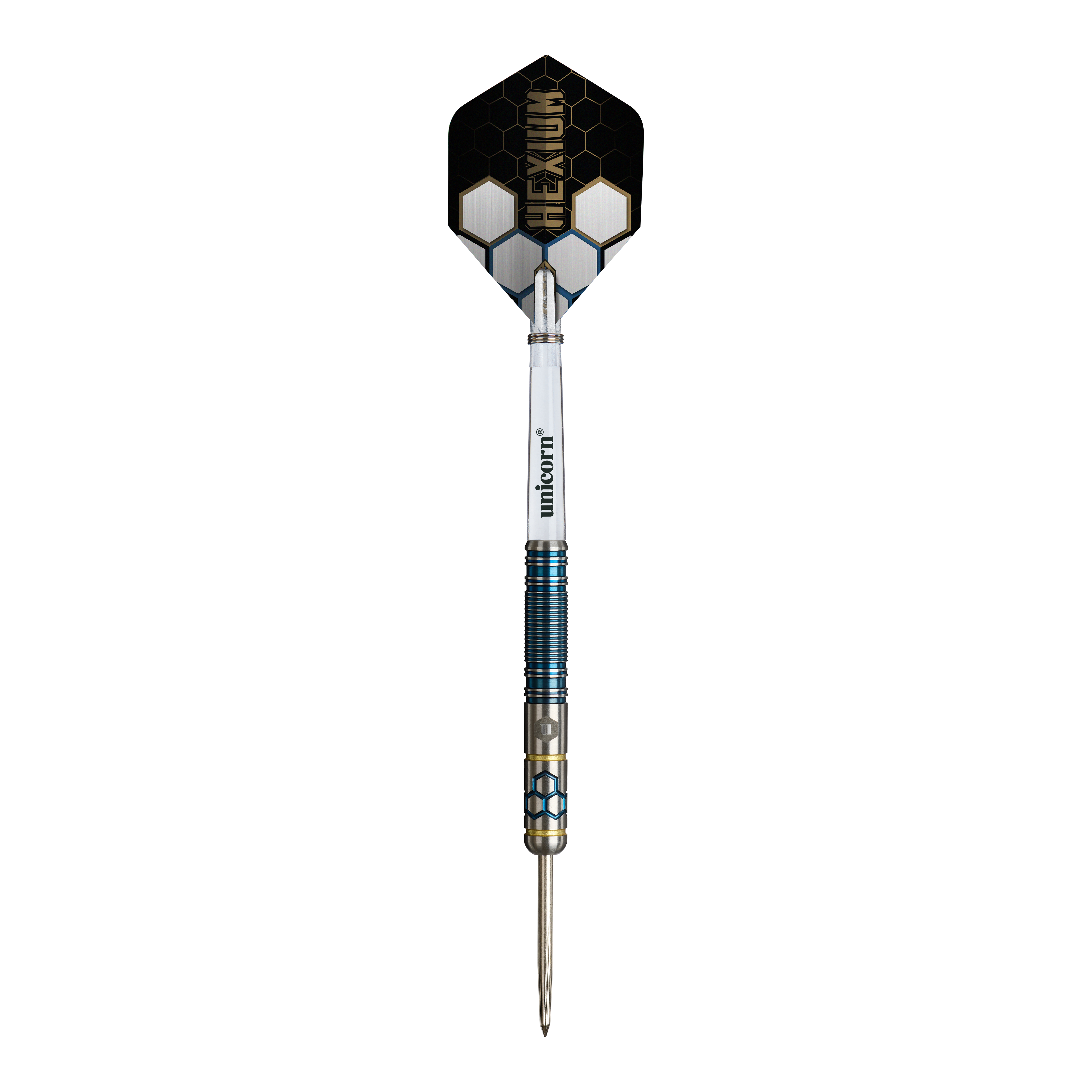 Unicorn Hexium Style 02 Blue & Gold Steeldarts Abgebildet sind die Unicorn Hexium Style 02 Blue & Gold Steeldarts. Die Farbkombination aus Blau und Gold ist auffällig.