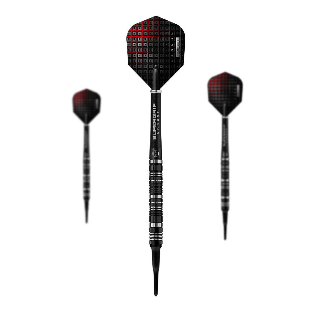 Das Bild zeigt drei Harrows Magnum Reloaded Softdarts. Die Darts sind schwarz mit roten Akzenten und haben einen modernen, sportlichen Look.