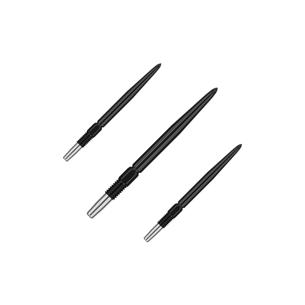 Target Swiss Point Black Dartspitzen Das Bild zeigt drei schwarze Dartspitzen mit silbernem Gewinde. Sie sind in unterschiedlicher Ausrichtung auf einem einfarbigen Hintergrund angeordnet.