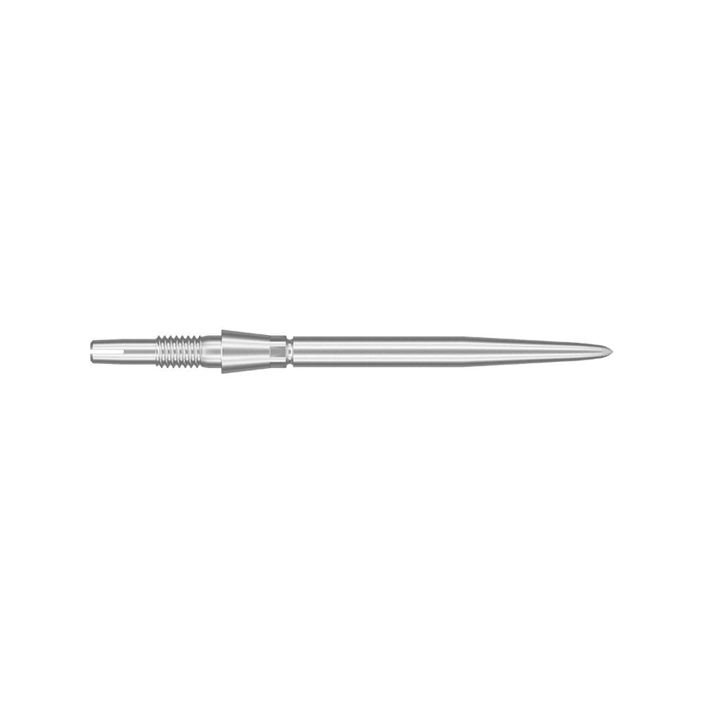 Dies ist eine silberne Dartspitze mit einer Länge von 30 mm. Sie hat ein gerändeltes Griffstück und eine glatte, spitz zulaufende Form.
