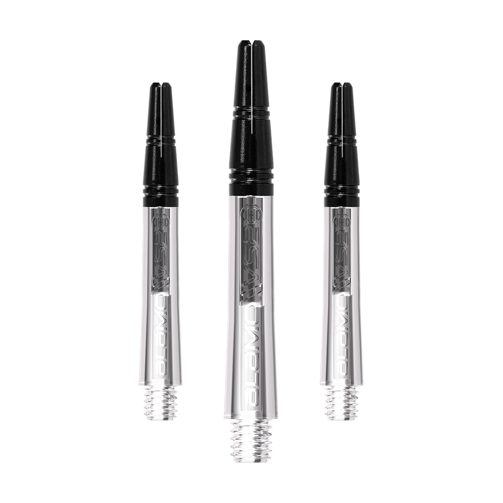 Harrows Alamo VS2 Shafts - Clear Das Bild zeigt drei durchsichtige Dartschäfte mit schwarzem oberen Teil. Sie sind jeweils mit einem Gewinde an einem Ende versehen.