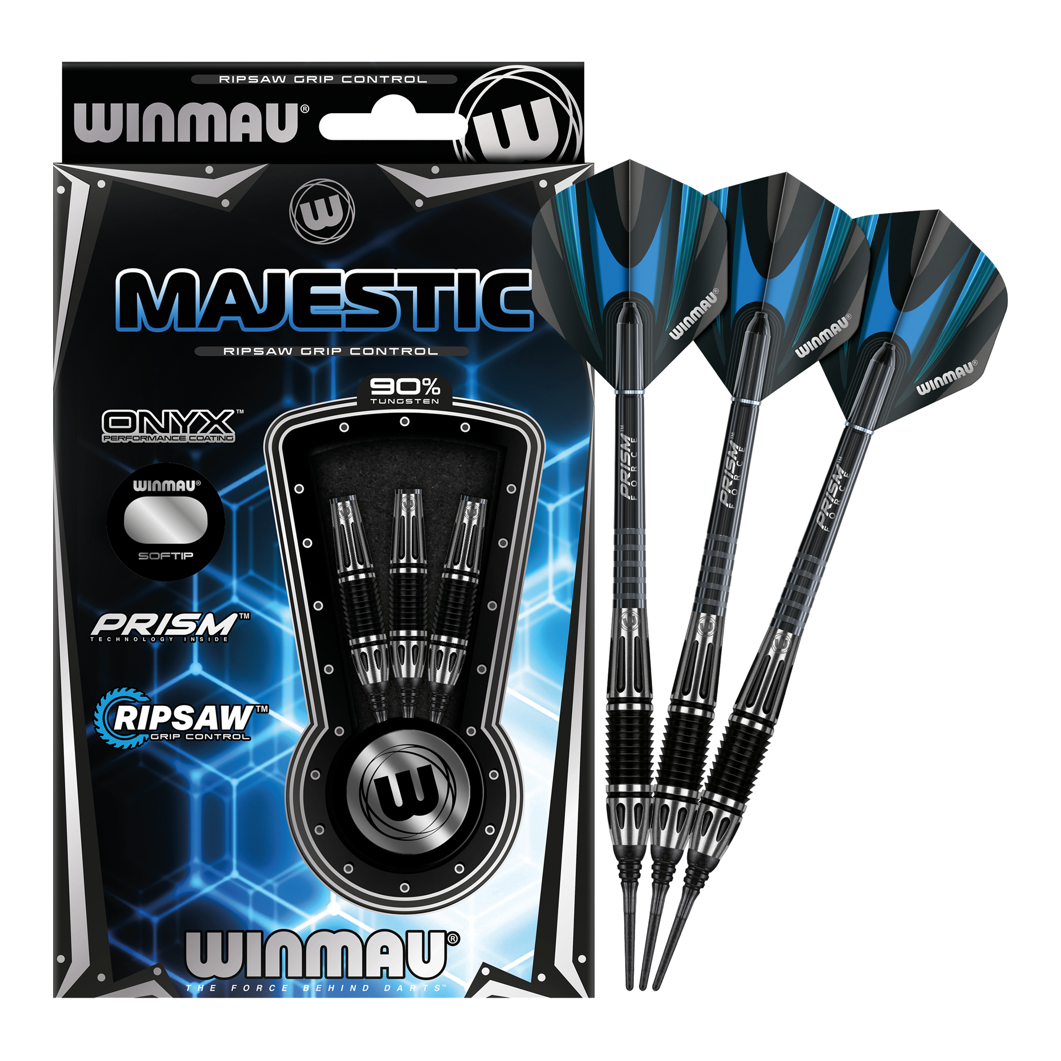 Die Abbildung zeigt die Winmau Majestic Softdarts in ihrer Verpackung. Drei schwarze und blaue Softdarts sind neben der Verpackung zu sehen.