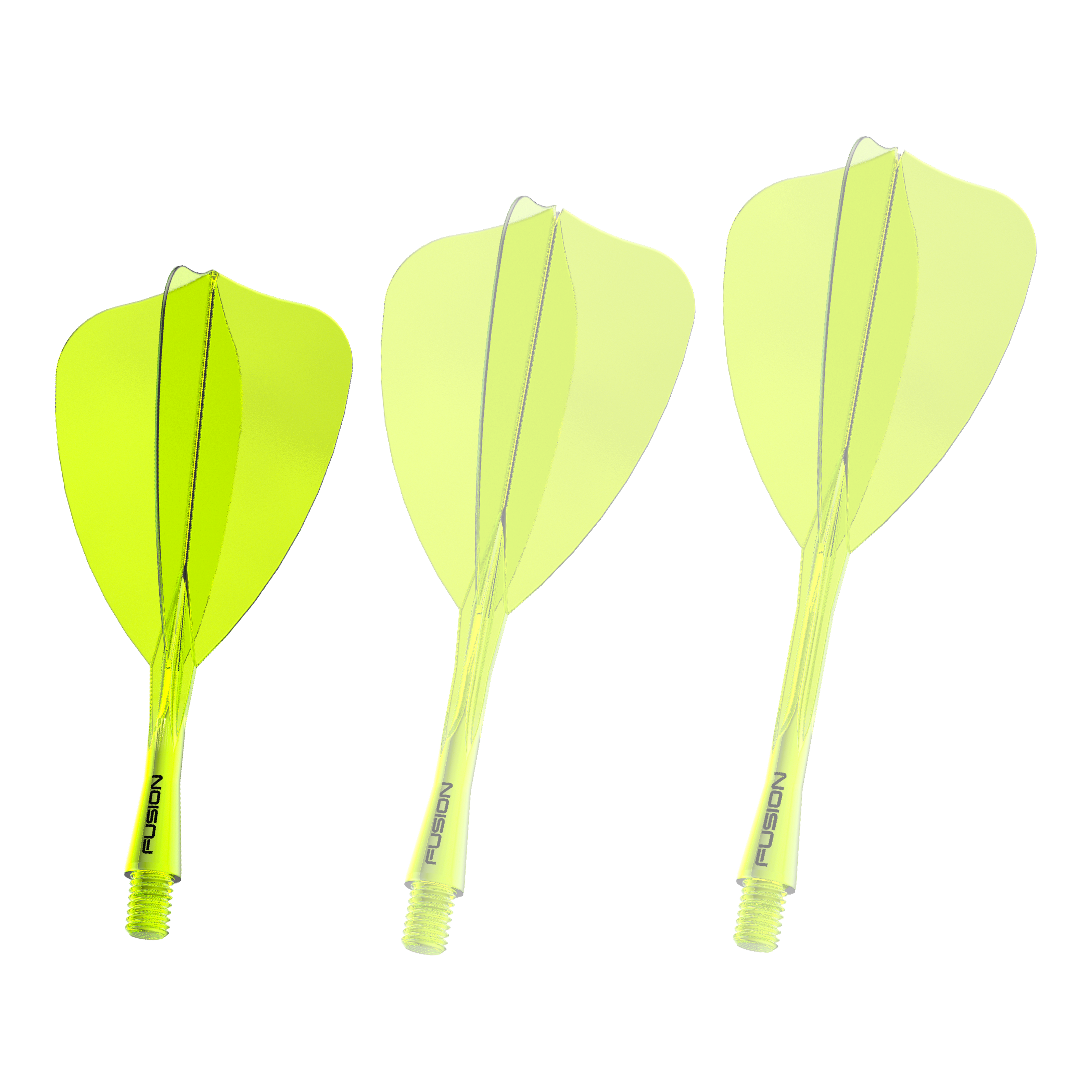 Winmau Fusion Flight-Shaft-System Arrow Neon Yellow Das Bild zeigt ein Dartshaft- und Flight-System in Neongelb mit einer Länge von 22 mm. Es handelt sich um das 'Fusion Flight Shaft System Arrow' von Winmau.