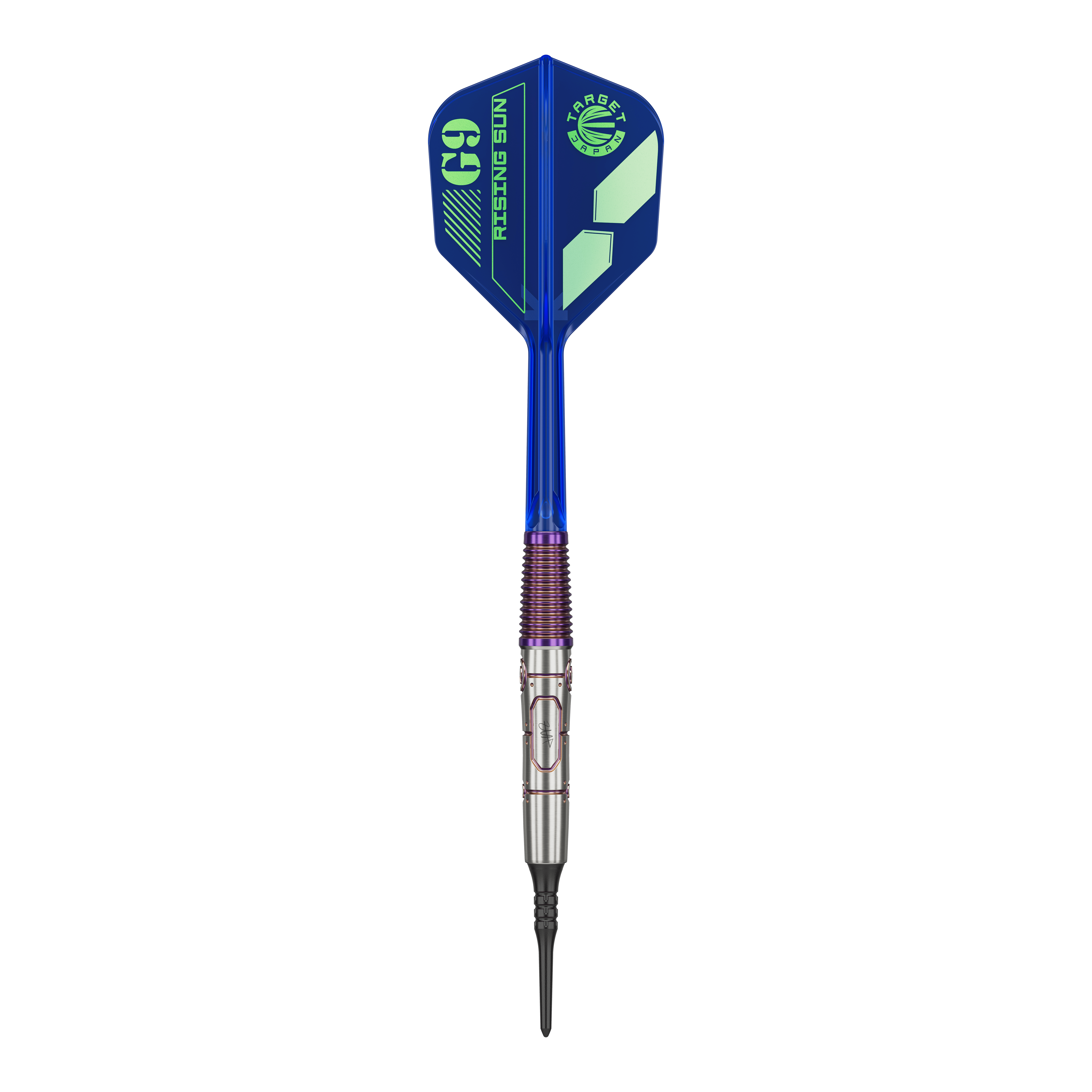 Das Bild zeigt einen modernen Softdart mit blauem Flight und silber-lila Schaft. Auf dem Flight steht "G9 RISING SUN" und das Design wirkt sportlich und hochwertig.