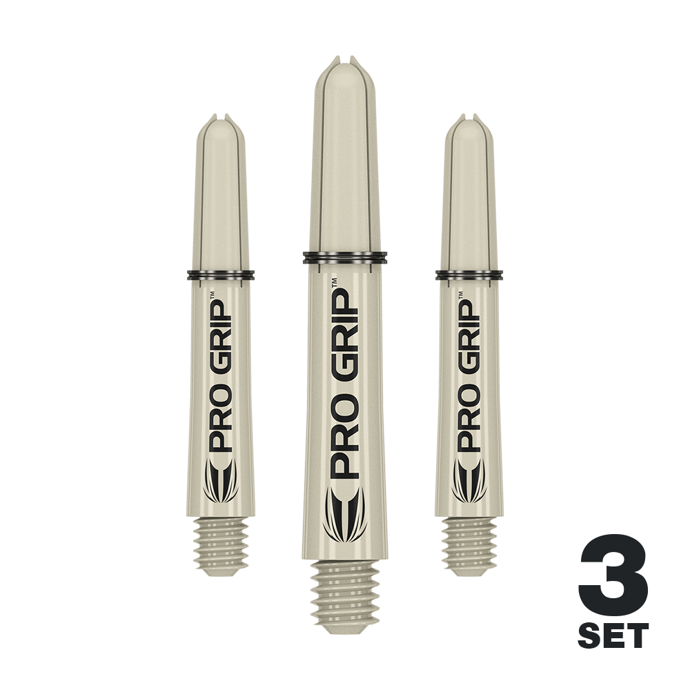 Target Pro Grip Shafts - 3 Sets - Sand Das Bild zeigt drei sandfarbene "Pro Grip" Dartschäfte der Marke Target. Unten rechts steht "3 Set", was darauf hinweist, dass es sich um ein Set mit drei Schäften handelt.