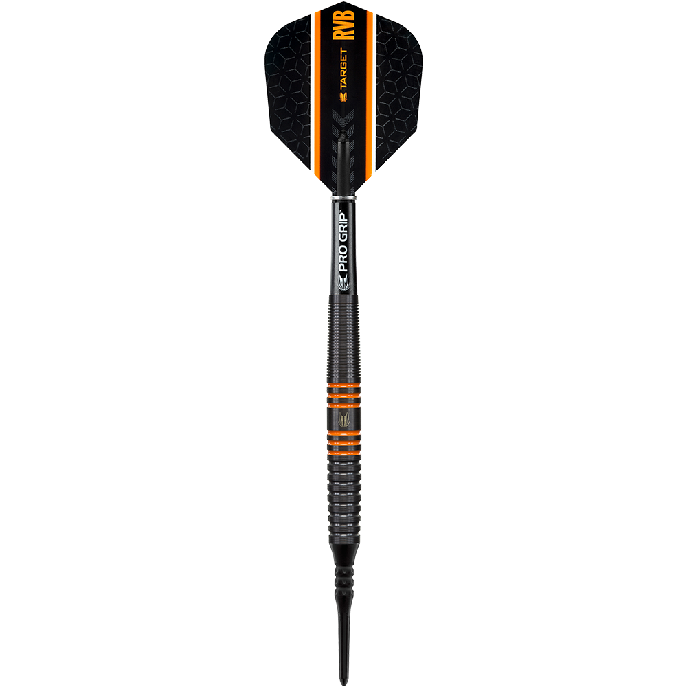 Das Bild zeigt einen Target RVB 80% Black Tungsten Softdart. Der Dart ist überwiegend schwarz mit orangefarbenen Akzenten und trägt die Aufschrift "RVB" sowie "PRO GRIP".