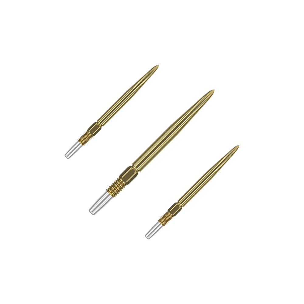 Das Bild zeigt drei goldfarbene Dartspitzen mit silbernem Gewinde. Sie sind in einer diagonalen Anordnung auf grünem Hintergrund abgebildet.