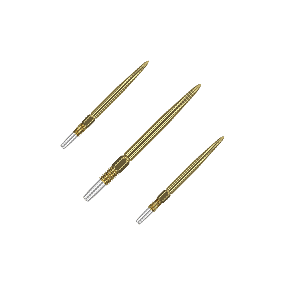 Target Swiss Point Gold Dartspitzen Das Bild zeigt drei goldfarbene Dartspitzen mit silbernem Gewinde. Sie sind in einer diagonalen Anordnung auf grünem Hintergrund abgebildet.