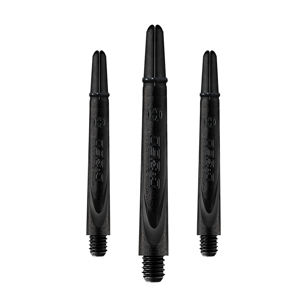 HR460_Harrows_Carbon_360_Shafts_Schwarz_49mm_1 Das Bild zeigt drei schwarze Dartschäfte aus Carbon. Sie sind länglich, haben ein Gewinde am unteren Ende und die Aufschrift "C-360" ist sichtbar.