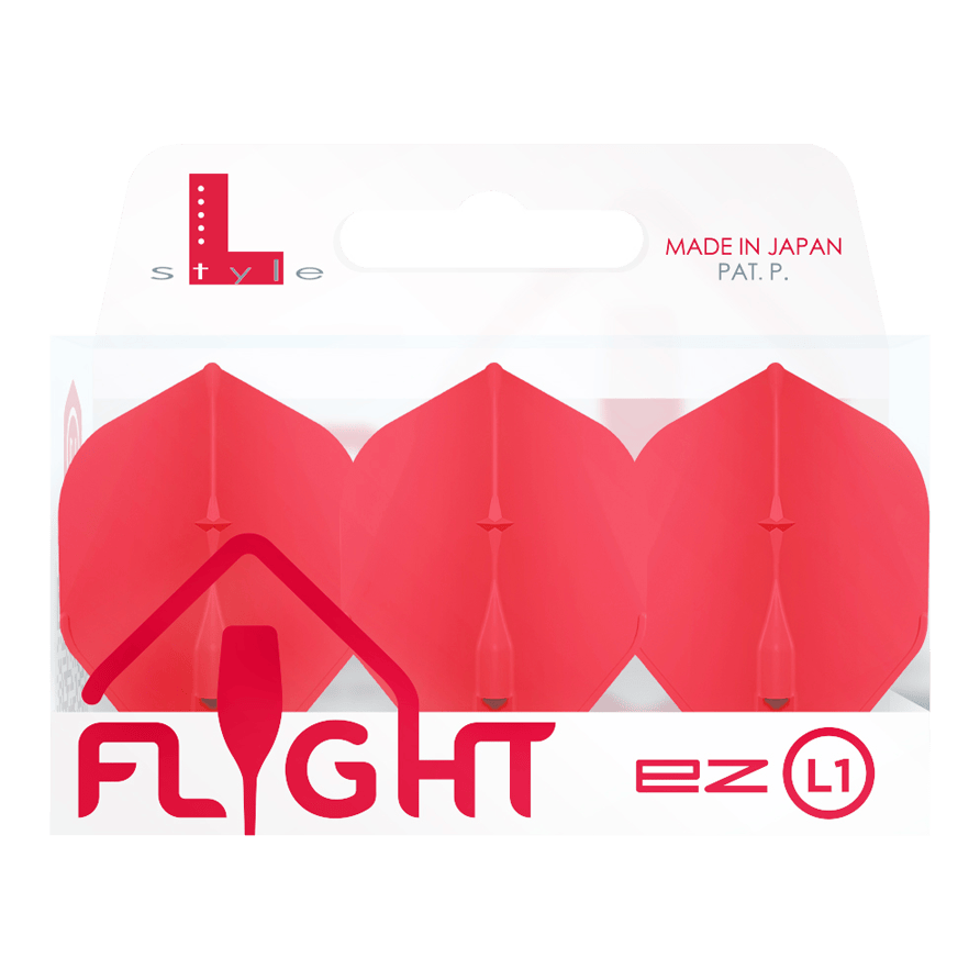 Das Bild zeigt eine Packung mit roten L-Style Champagne L1EZ Standard Flights. Die Verpackung ist durchsichtig und trägt die Aufschrift "Made in Japan".