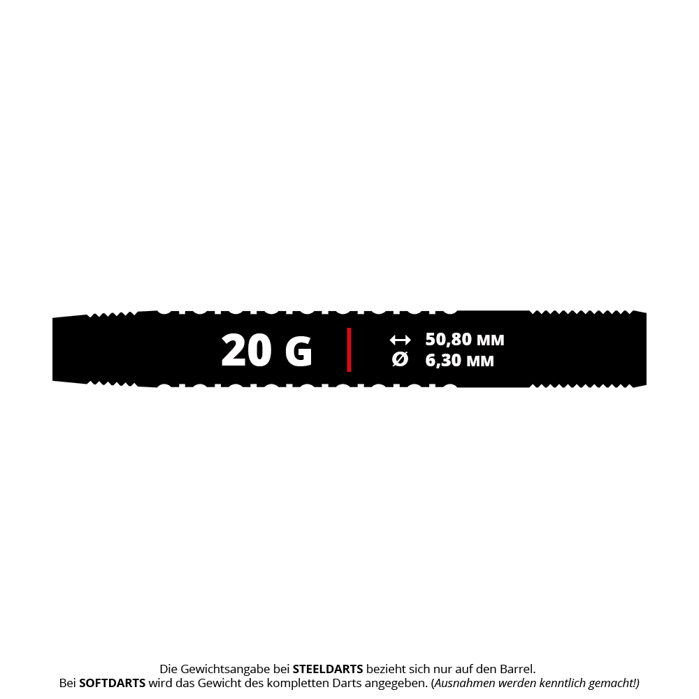 Red Dragon T-800 Softdarts - 20g Das Bild zeigt die Produktbeschreibung der Red Dragon T-800 Softdarts mit einem Gewicht von 20 Gramm. Die Länge beträgt 50,80 mm und der Durchmesser 6,30 mm.
