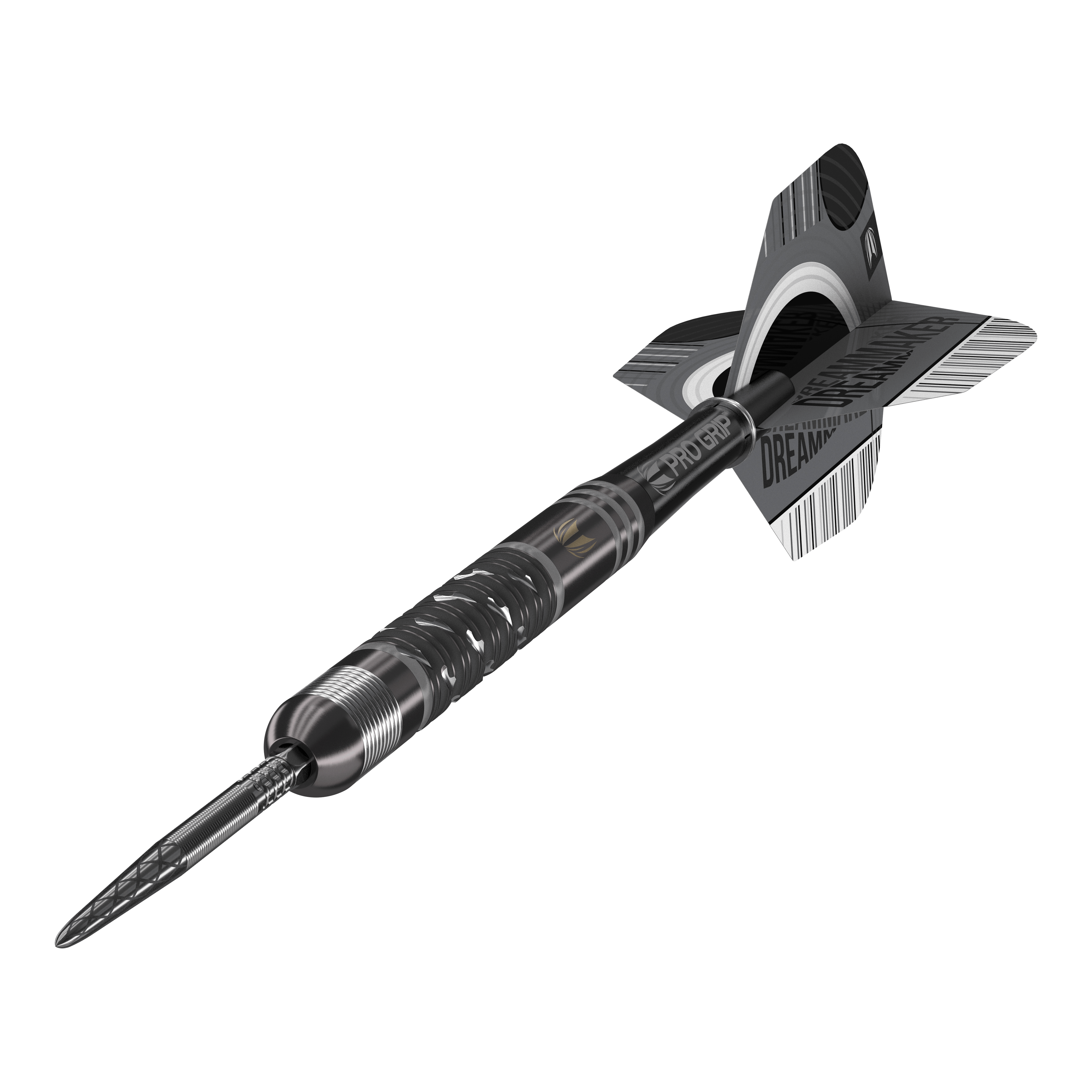 Das Bild zeigt einen Target Dimitri Van Den Bergh X Echo Swiss Point Steeldart. Der Dartpfeil ist schwarz-silber und hat detaillierte Ringe und Schriftzüge auf dem Schaft und den Flights.
