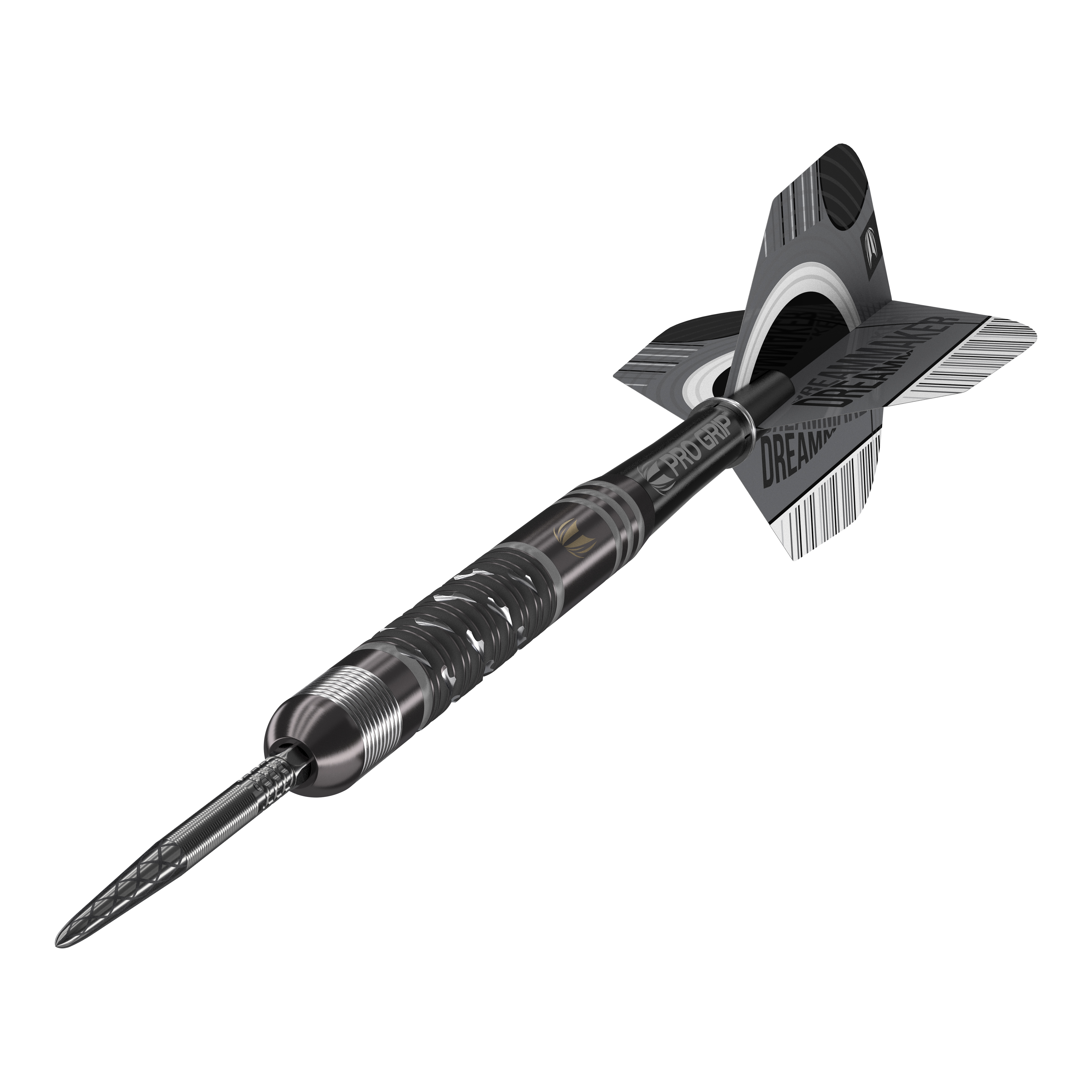 Target Dimitri Van Den Bergh X Echo Swiss Point Steeldarts Das Bild zeigt einen Target Dimitri Van Den Bergh X Echo Swiss Point Steeldart. Der Dartpfeil ist schwarz-silber und hat detaillierte Ringe und Schriftzüge auf dem Schaft und den Flights.