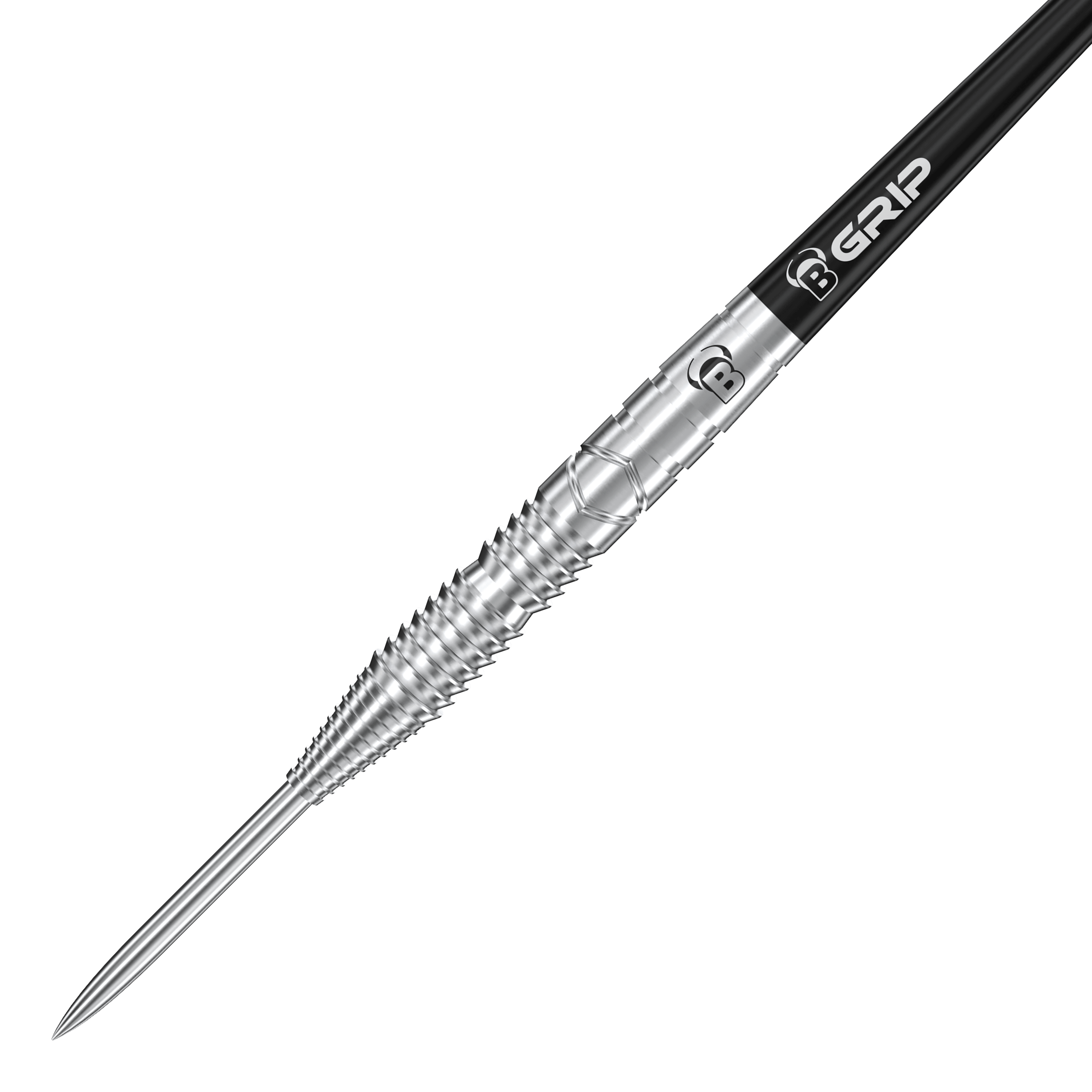 Bulls Tac T3 Steeldarts Das Bild zeigt einen Bulls Tac T3 Steeldart. Der Dart hat eine silberne, geriffelte Spitze und einen schwarzen Schaft mit der Aufschrift "B GRIP".