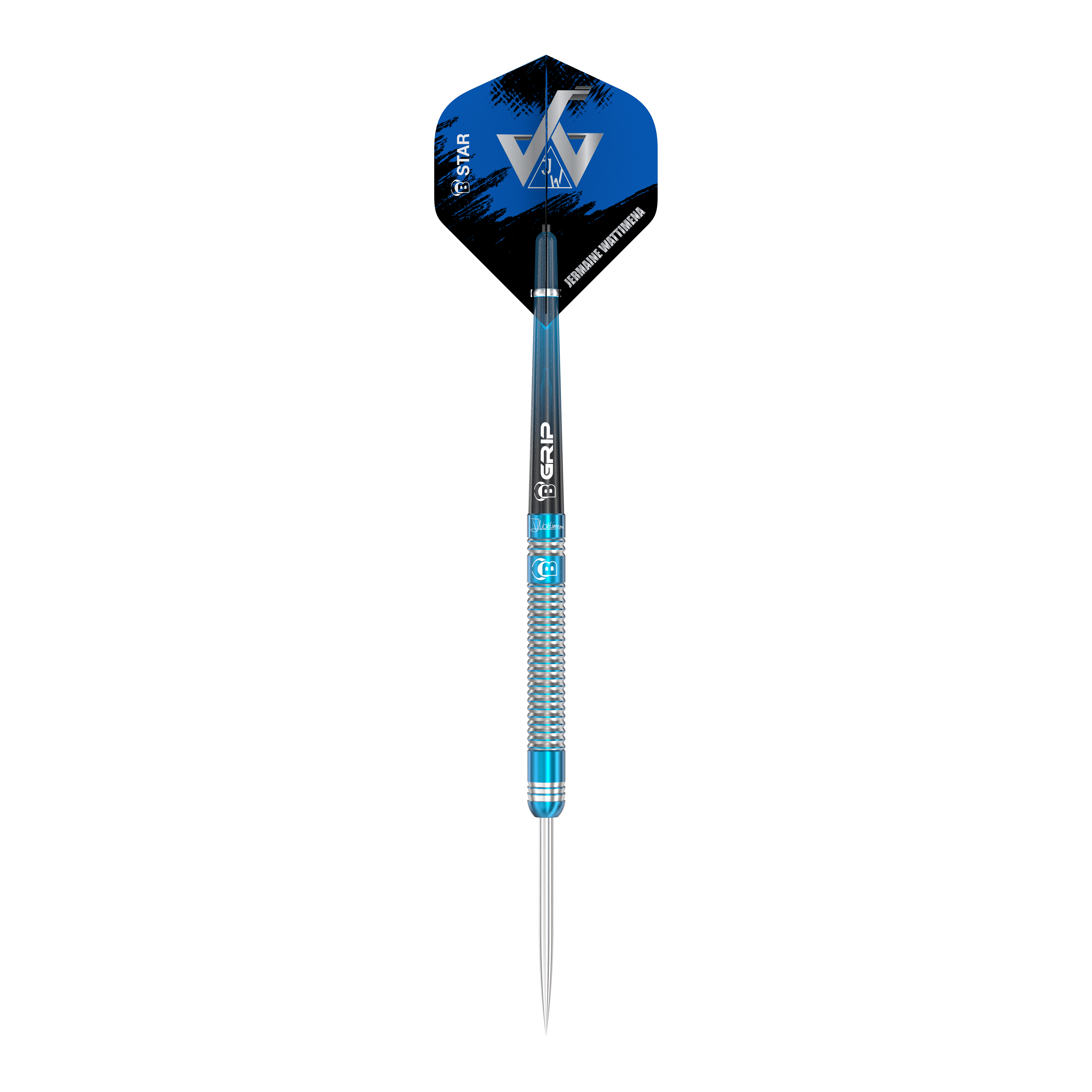 Bulls Jermaine Wattimena Generation 3 Steeldarts Das Bild zeigt einen Steeldart aus der Serie "Bulls Jermaine Wattimena Generation 3". Der Dart ist silberfarben mit blauen Akzenten und hat ein modernes Flight-Design.