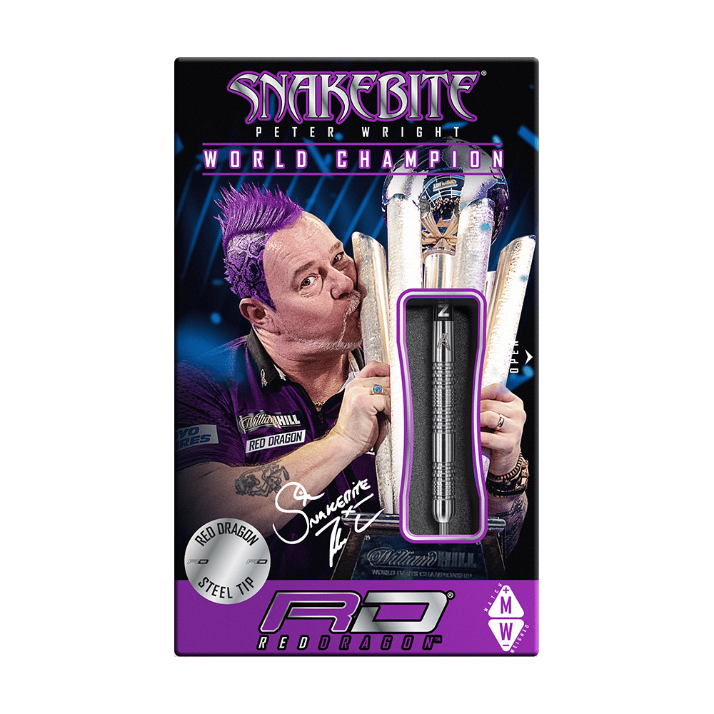 Auf der Verpackung sind die "Red Dragon Peter Wright Snakebite Euro 11 Steeldarts" zu sehen. Das Bild zeigt Peter Wright mit Pokal und die abgebildeten Steeldarts im Vordergrund.