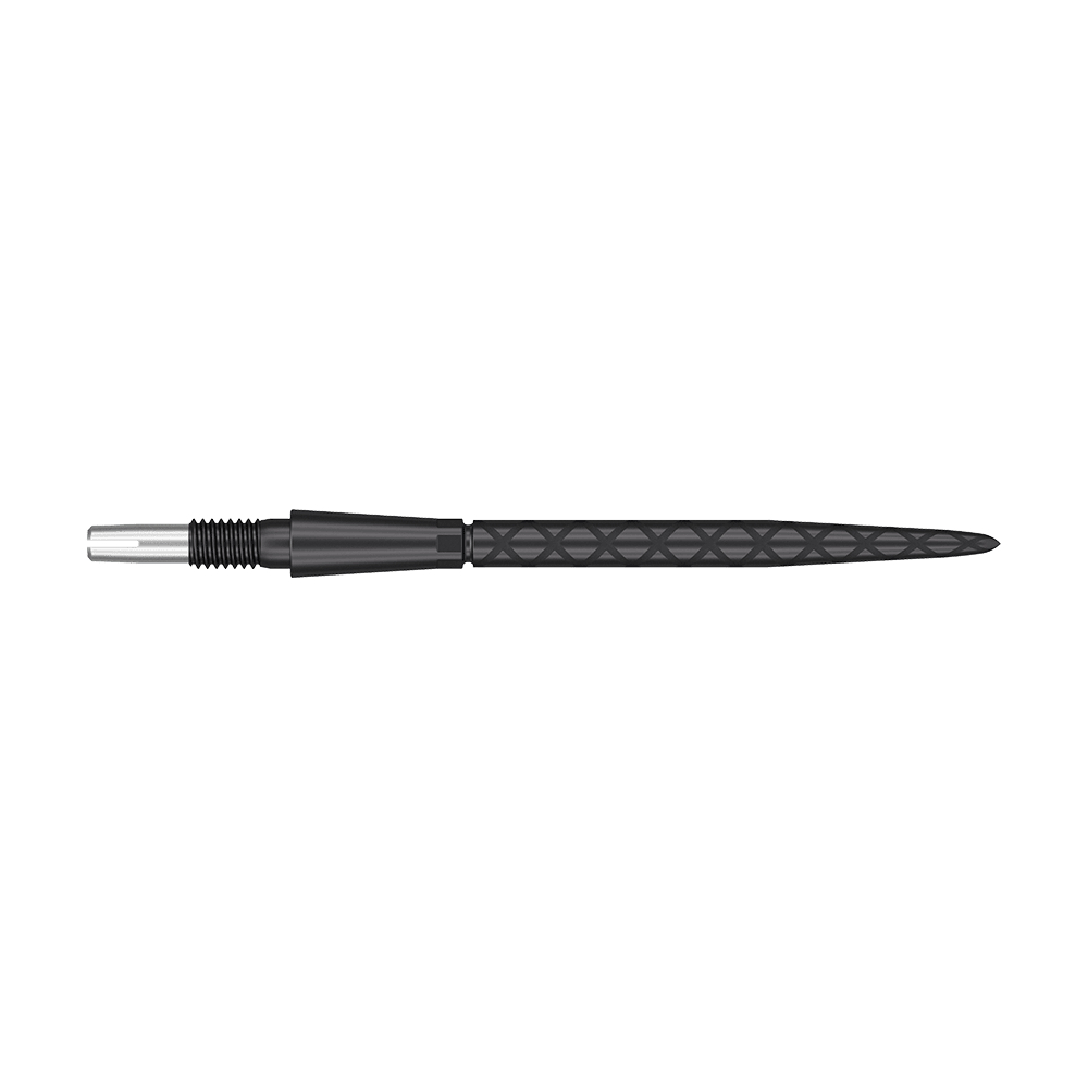 Target Swiss Storm Diamond Point Dartspitzen - Schwarz Das Bild zeigt eine schwarze Dartspitze mit einer feinen, rautenförmigen Gravur. Die Spitze ist lang und schmal, mit silbernen und schwarzen Elementen.