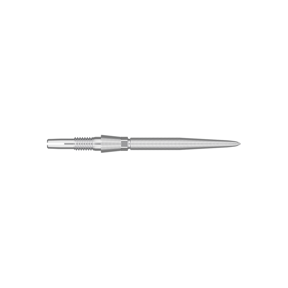 340080_Target_Swiss_Storm_Nano_Point_Dartspitzen_Silber_26mm_2 Das Bild zeigt eine silberne Dartspitze mit feiner Riffelung. Sie ist lang und schmal geformt.