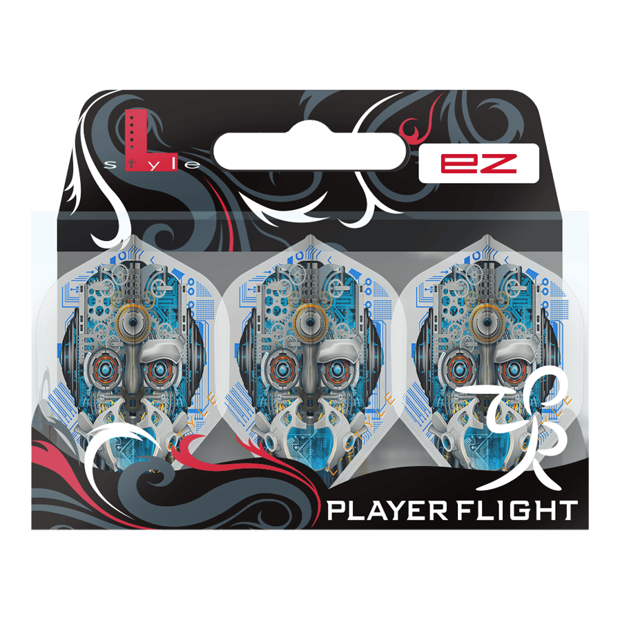 Das Bild zeigt eine Verpackung mit drei weißen Dart-Flights namens "L-Style Berry Van Peer V3 Clear White L1EZ". Die Flights haben ein futuristisches Design mit einem Roboter-Gesicht auf jedem Flight.