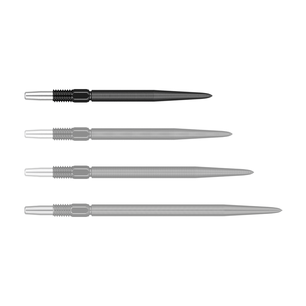 Auf dem Bild sind vier schwarze Dartspitzen nebeneinander zu sehen. Sie haben einen geriffelten Bereich und sind aus Metall gefertigt.