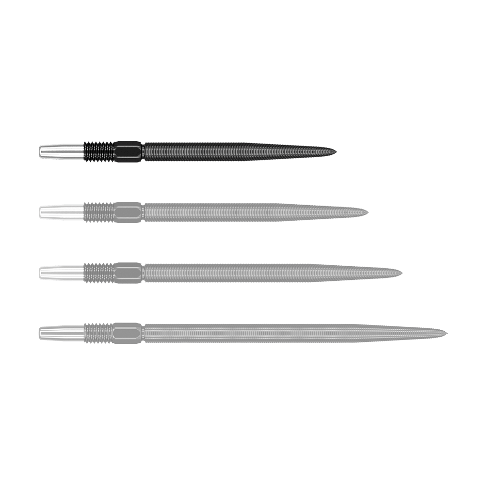 Target Swiss Point Nano Dartspitzen - Black Auf dem Bild sind vier schwarze Dartspitzen nebeneinander zu sehen. Sie haben einen geriffelten Bereich und sind aus Metall gefertigt.
