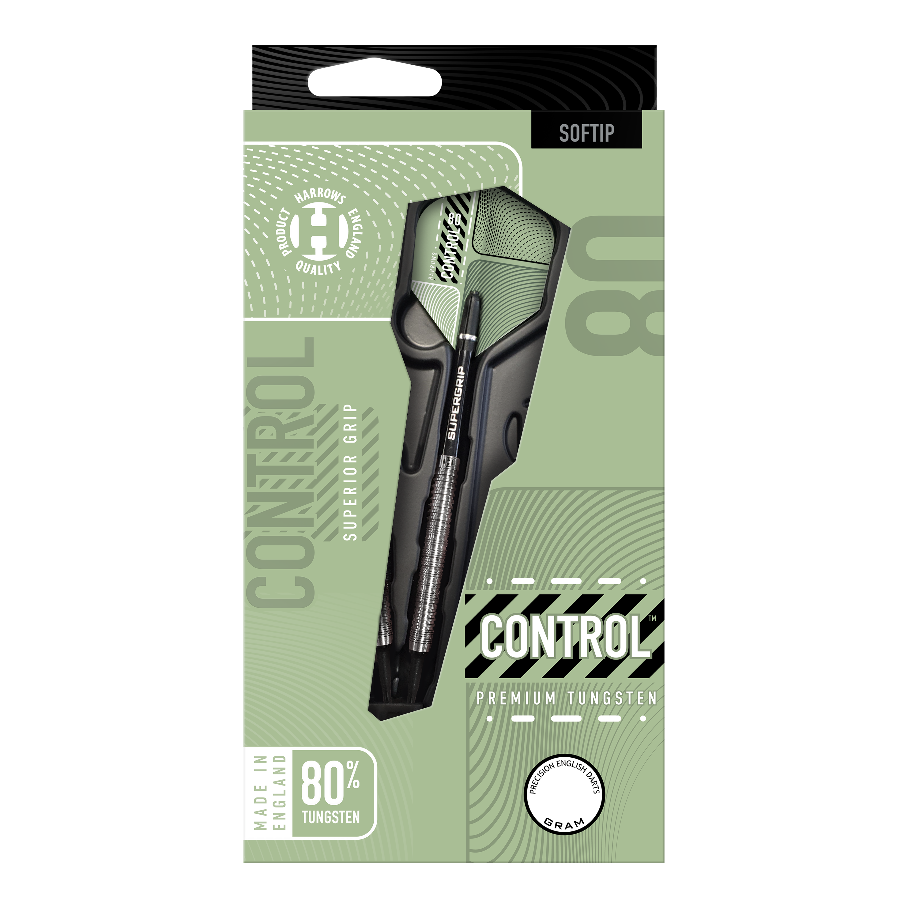 Das Bild zeigt die Verpackung der "Harrows Control Parallel Softdarts" mit dem Dartpfeil gut sichtbar. Auf der Verpackung steht, dass der Dart aus 80% Tungsten besteht und für einen überlegenen Griff sorgt.