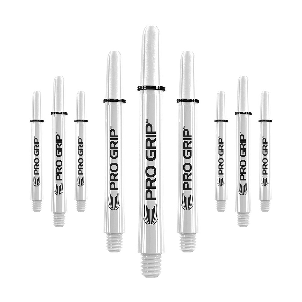 Target Pro Grip Shafts - 3 Sets - Weiß Das Bild zeigt neun weiße Pro Grip Shafts für Dartpfeile, die in drei Reihen angeordnet sind. In der Mitte sind die Shafts am größten dargestellt, während sie zu den Seiten hin kleiner werden.