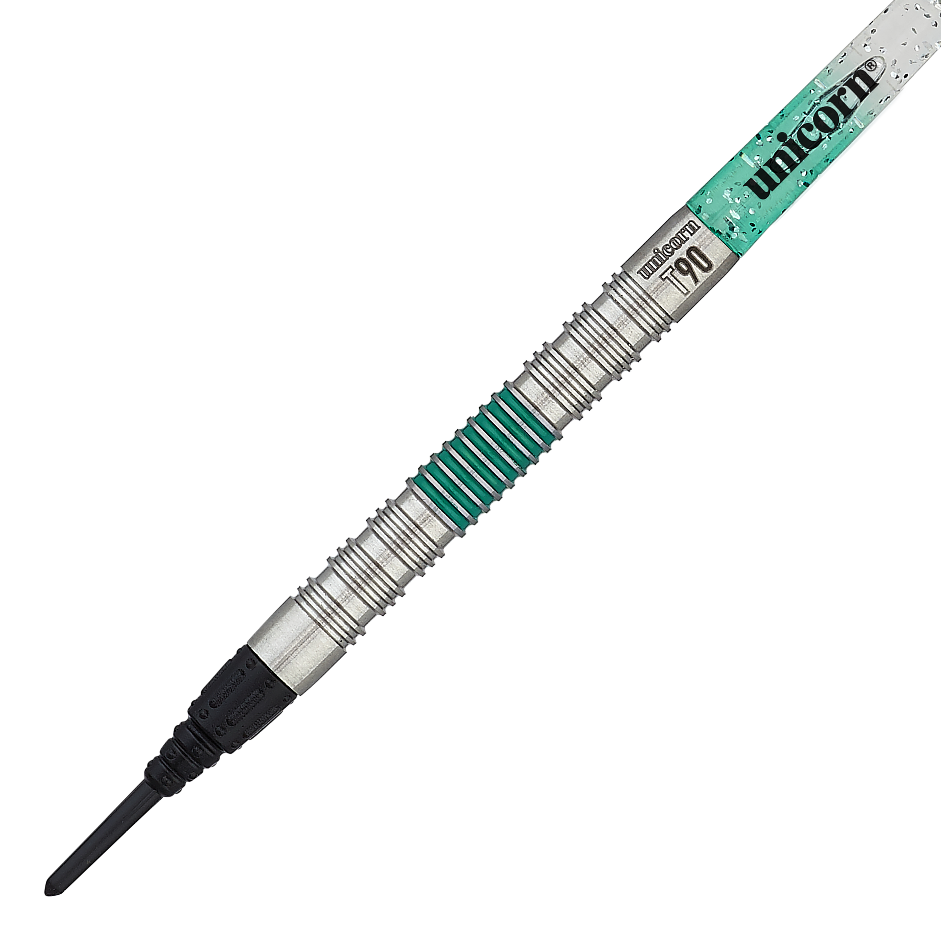 Das Bild zeigt einen Unicorn T90 Core XL Green Softdart. Der Softdart hat einen silbernen und grünen Griff sowie eine schwarze Spitze.