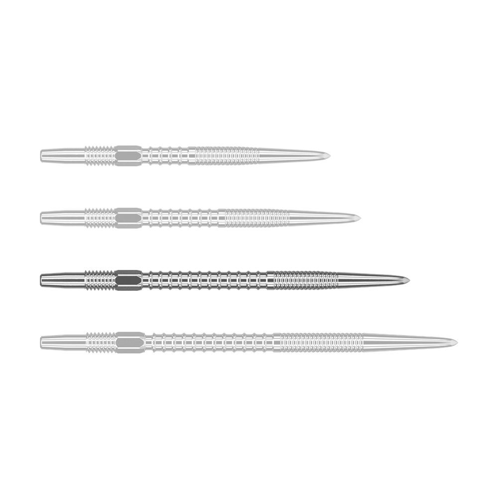 Target Swiss Firepoint Silver Dartspitzen Auf dem Bild sind vier silberne Dartspitzen in einer Reihe zu sehen. Sie haben ein geriffeltes, metallisches Design und sind jeweils gleich lang.
