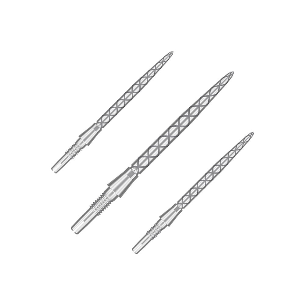 Target Swiss Storm Diamond Point Dartspitzen - Silber Das Bild zeigt drei silberne Dartspitzen mit einem rautenförmigen Muster. Sie sind länglich und glänzend gestaltet.