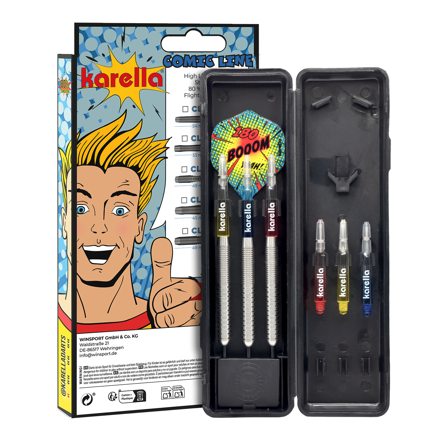 Hier sehen Sie den Karella Comic Line CL-1 Steeldarts - 22g. Das Foto präsentiert Details des Dartpfeils.