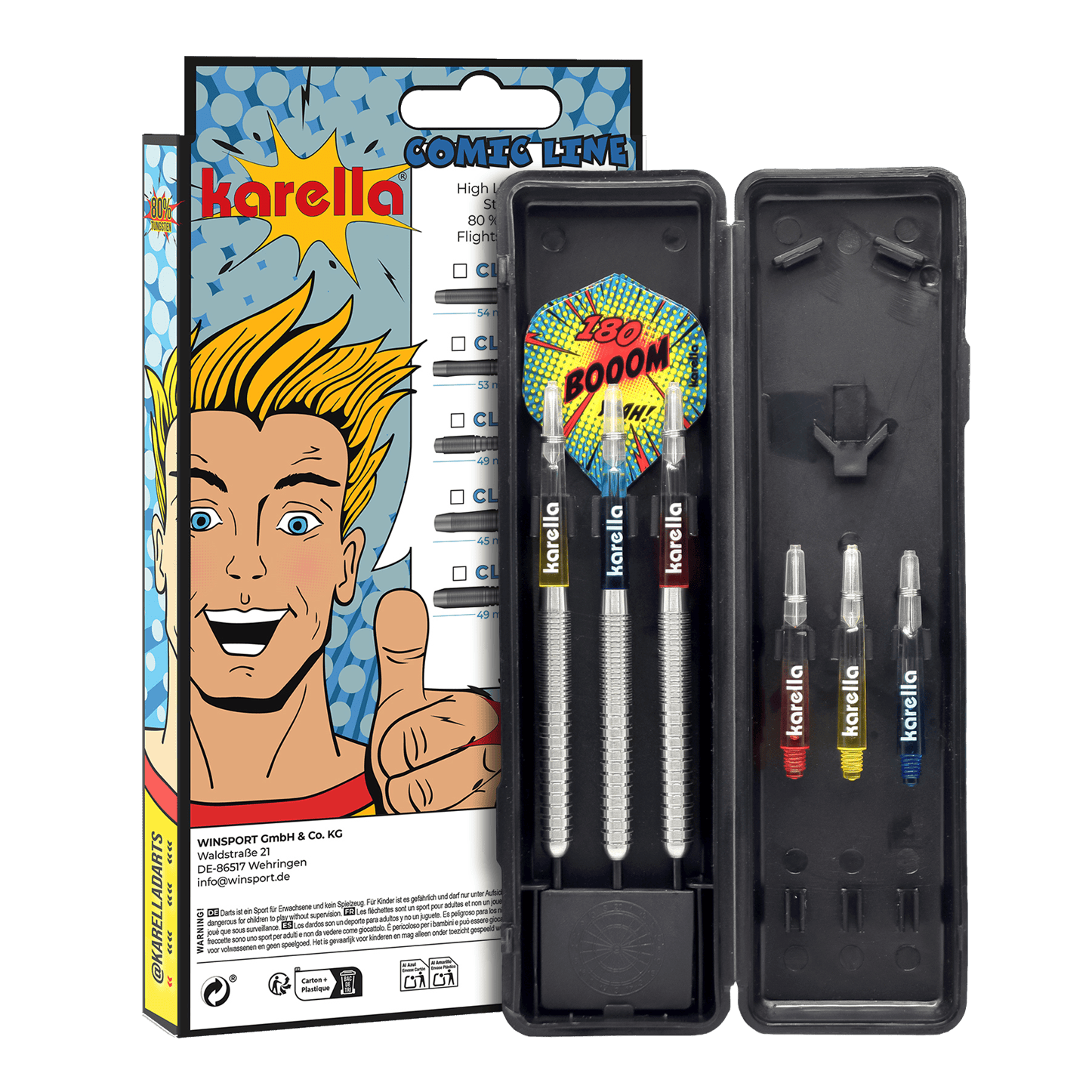 Karella Comic Line CL-1 Steeldarts - 22g Hier sehen Sie den Karella Comic Line CL-1 Steeldarts - 22g. Das Foto präsentiert Details des Dartpfeils.